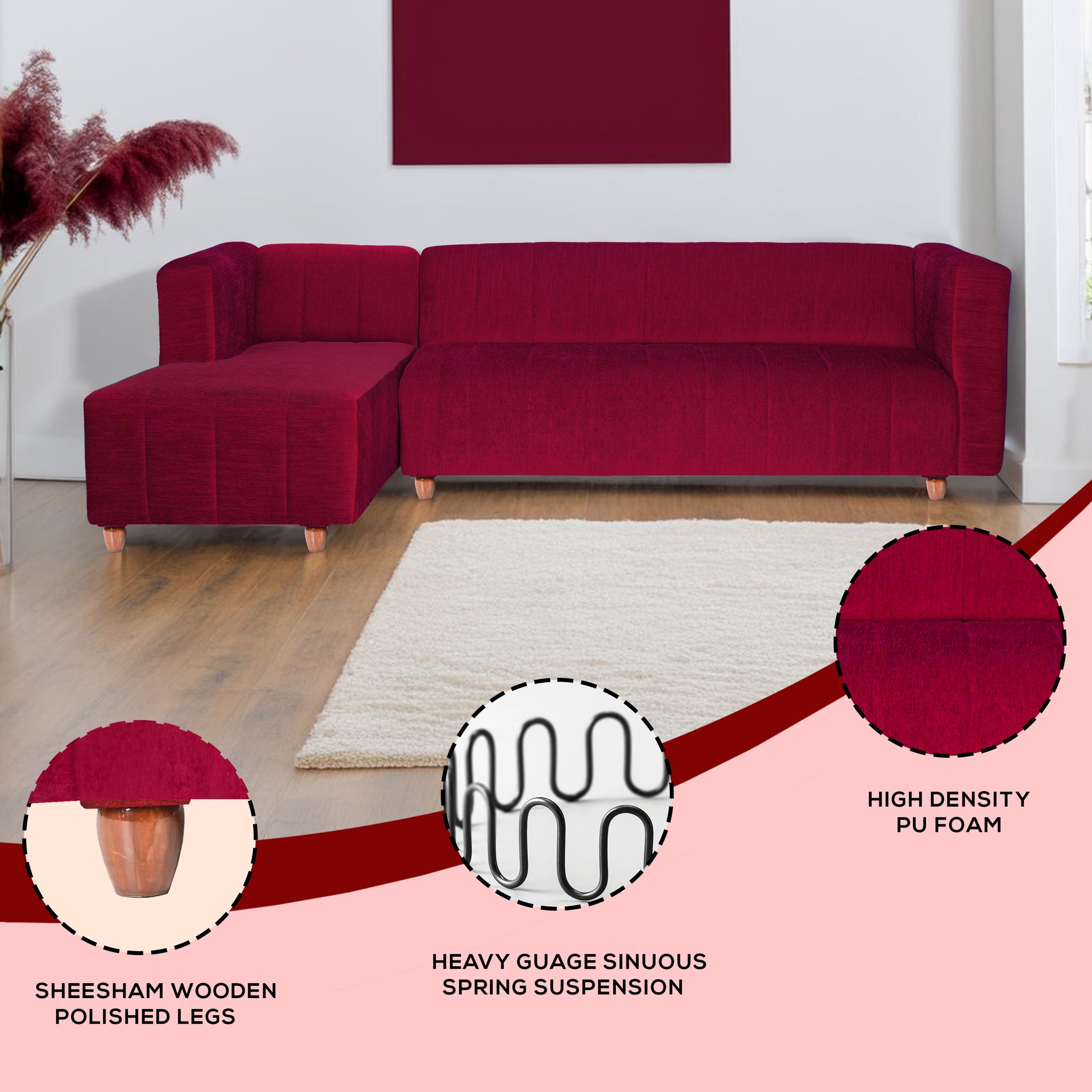 Tokyo 6 Seater Sofa Left Corner- ( Premium Molfino Fabric- Maroon )