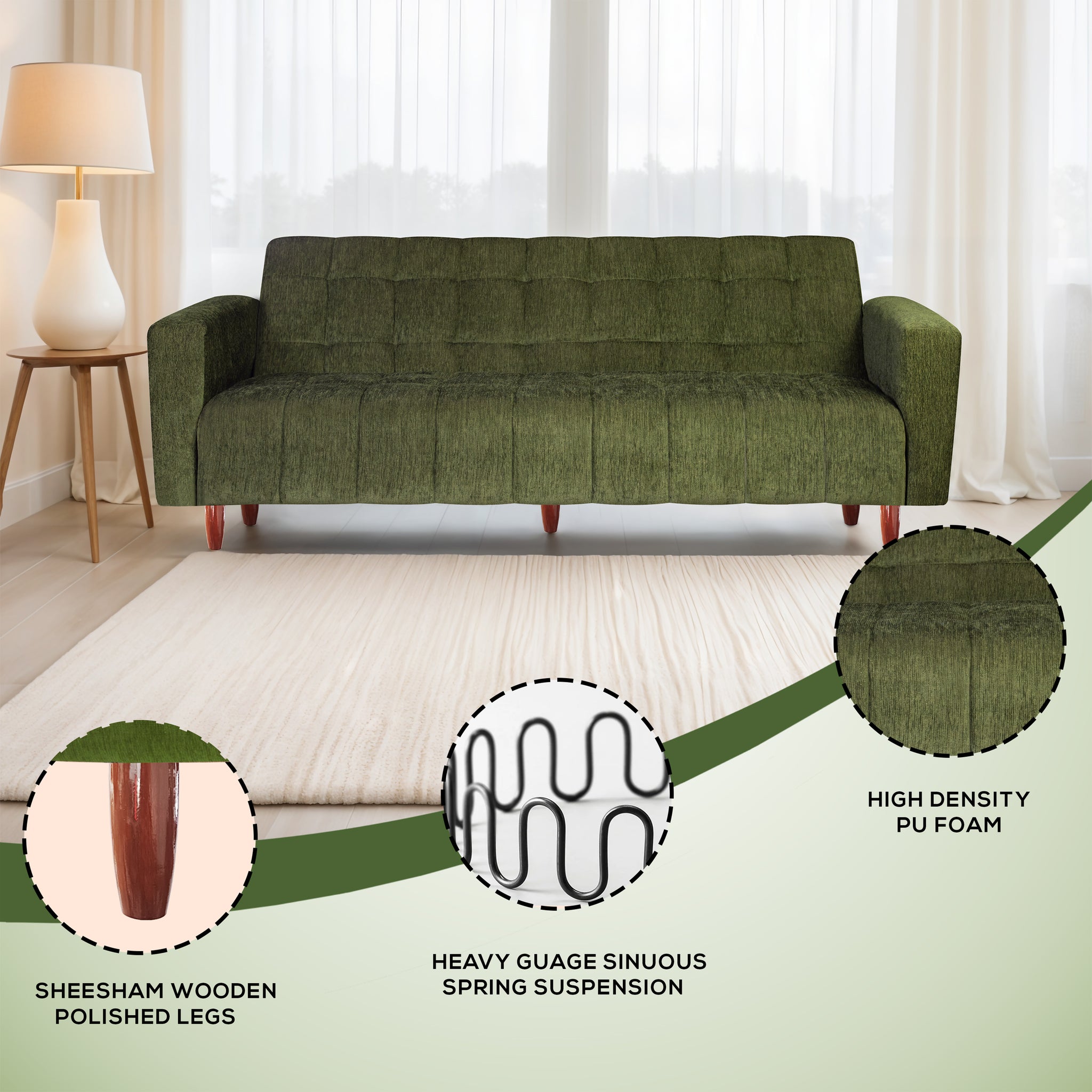 Lisbon  4 Seater Wooden Sofa Cum Bed - ( Premium Molfino Fabric-Green)