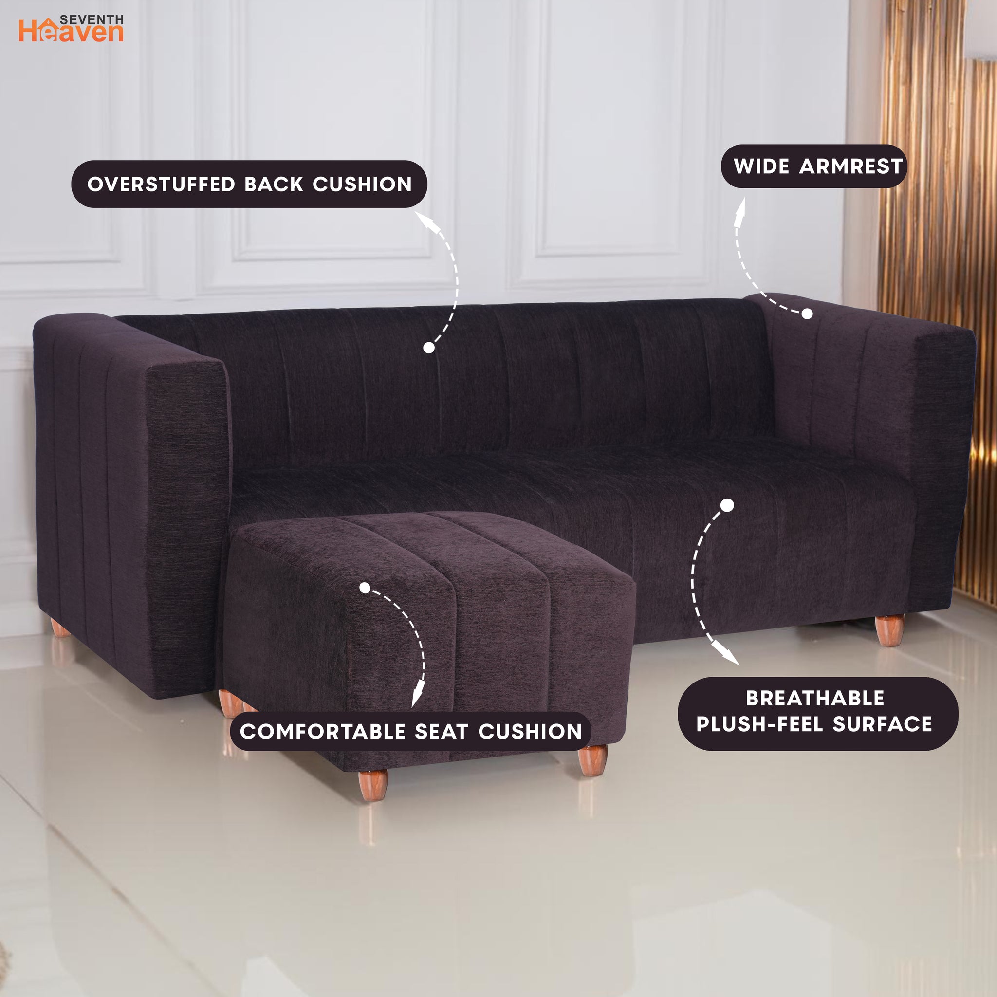 Tokyo 4 Seater Sofa with Ottoman- ( Premium Molfino Fabric- Brown )