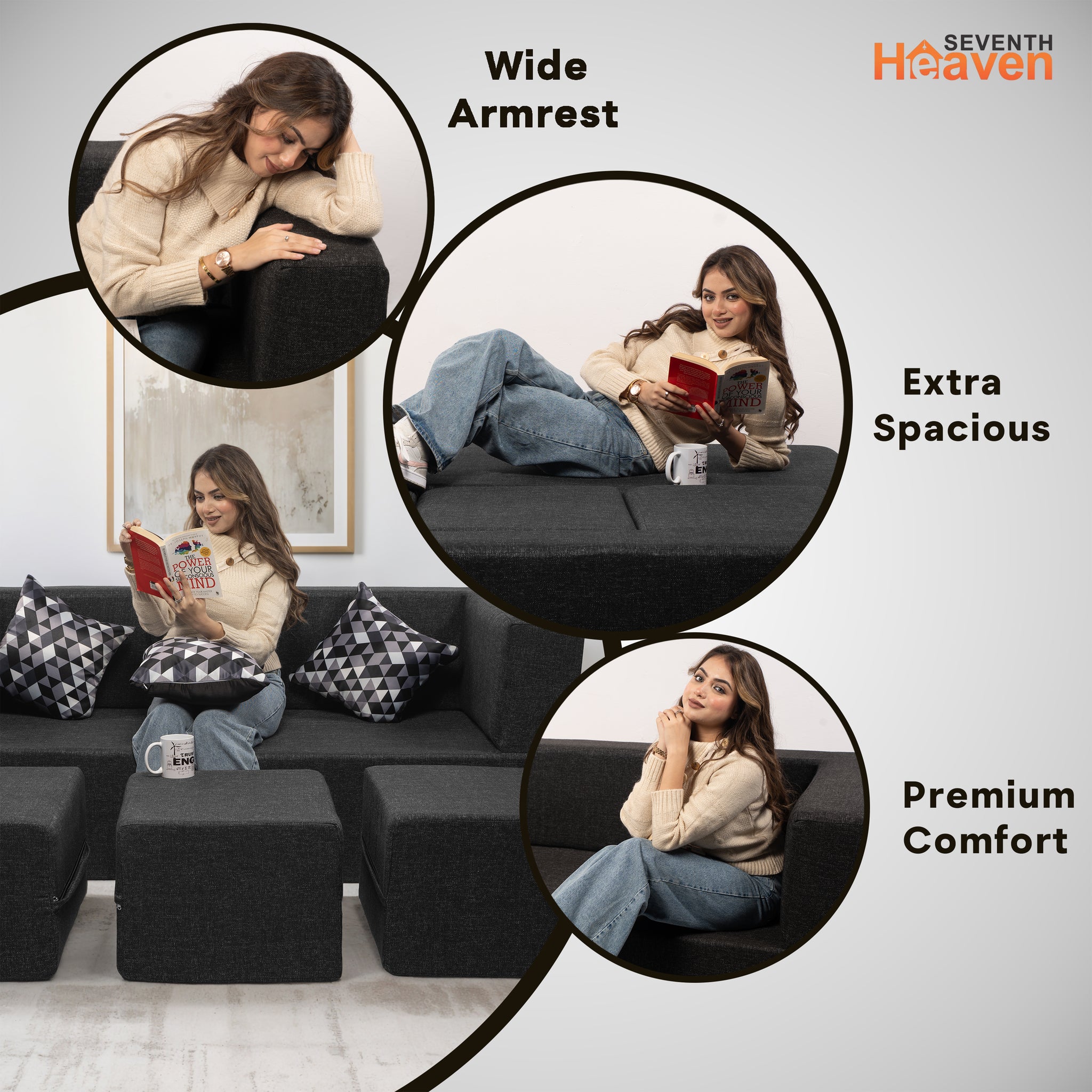 Flipper X Sofa Cum Bed - 3 Seater With 3 Ottoman - Printed Cushions ( Jute Fabric, Dark Grey )