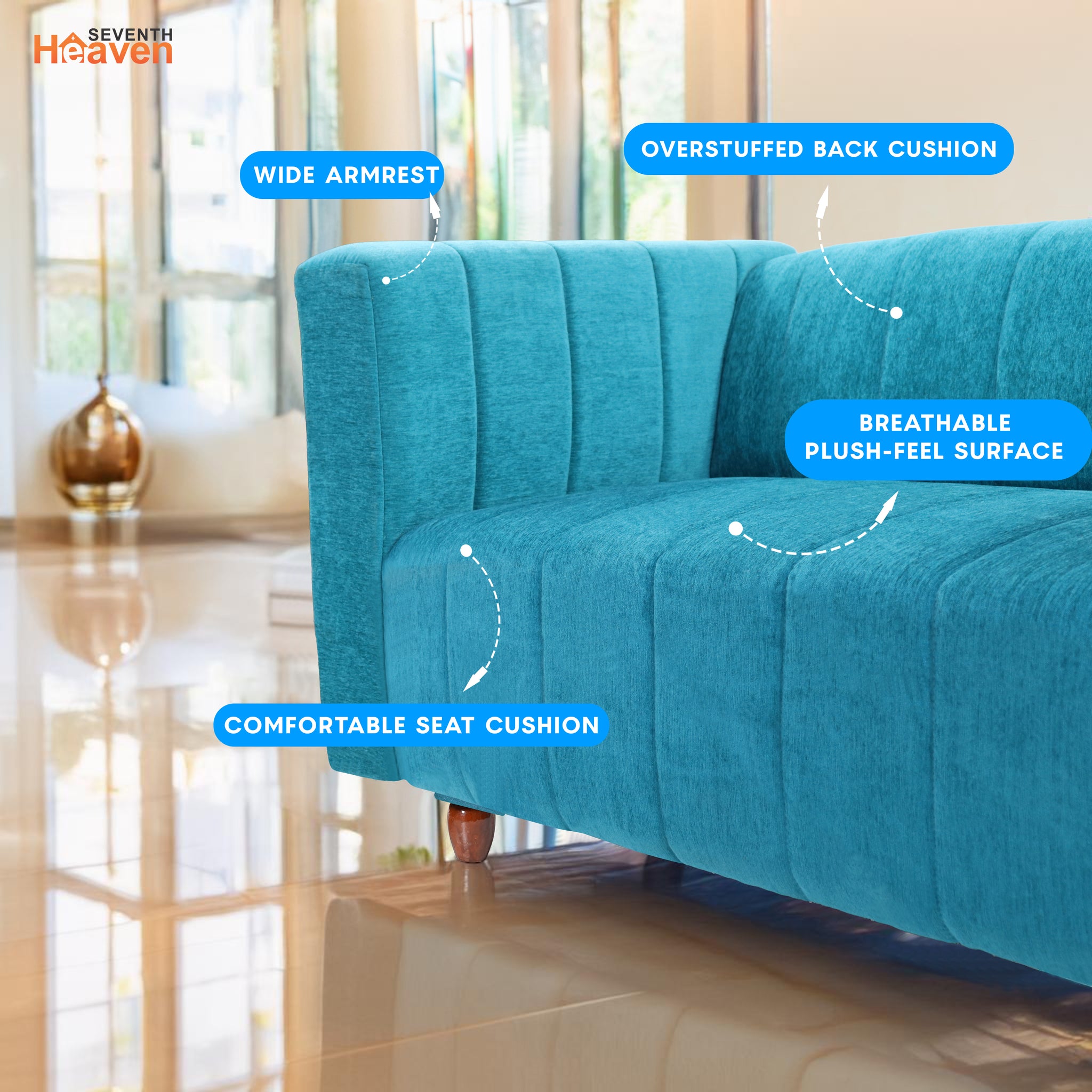 Seventh Heaven Tokyo 2 Seater Sofa, Extra Spacious, Chenille Molfino Fabric: 2 Year Warranty Fabric 2 Seater Sofa Green (Finish Color -Sky Blue, DIY(Do-It-Yourself)