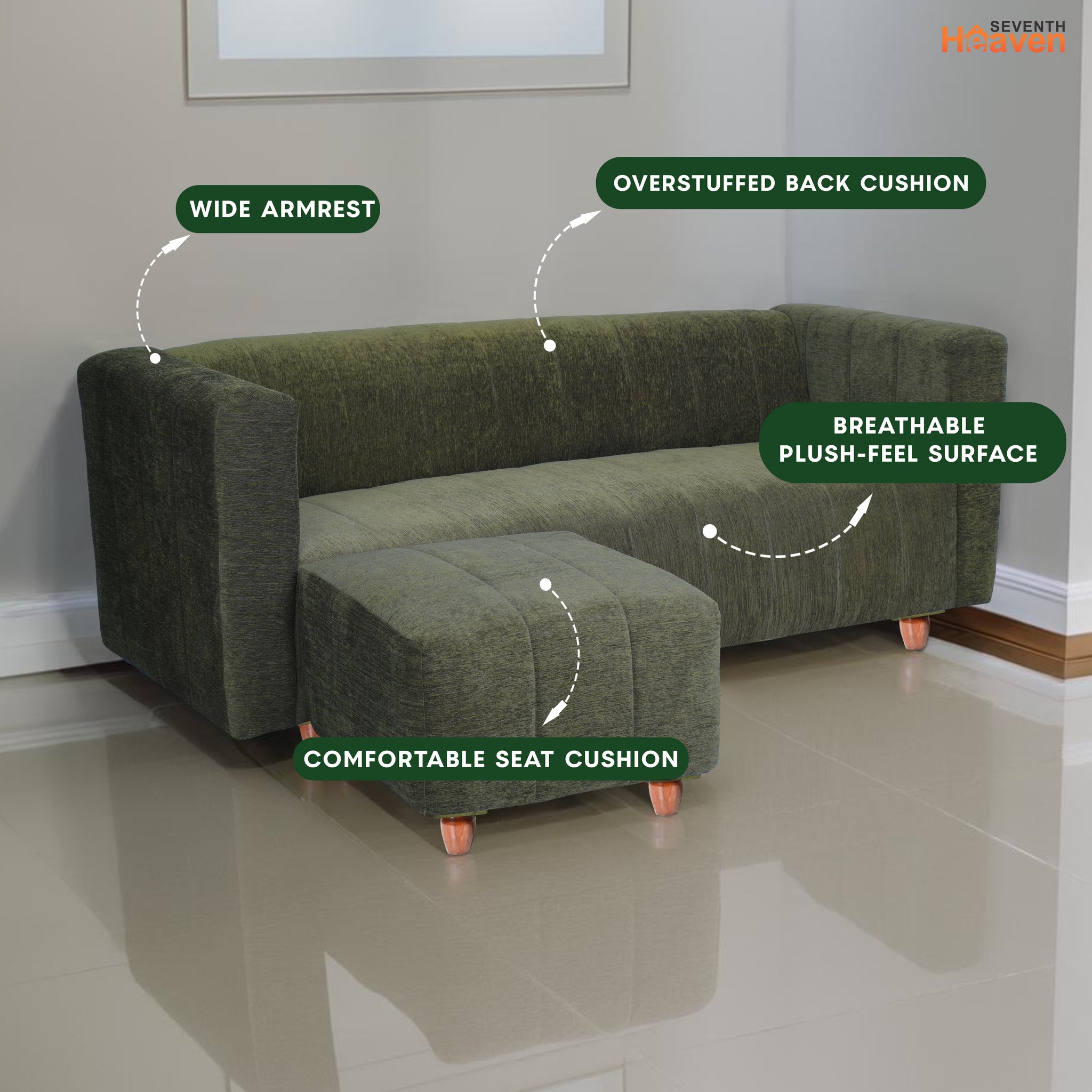 Tokyo 5 Seater Sofa with 2 Ottomans- ( Premium Molfino Fabric- Green )