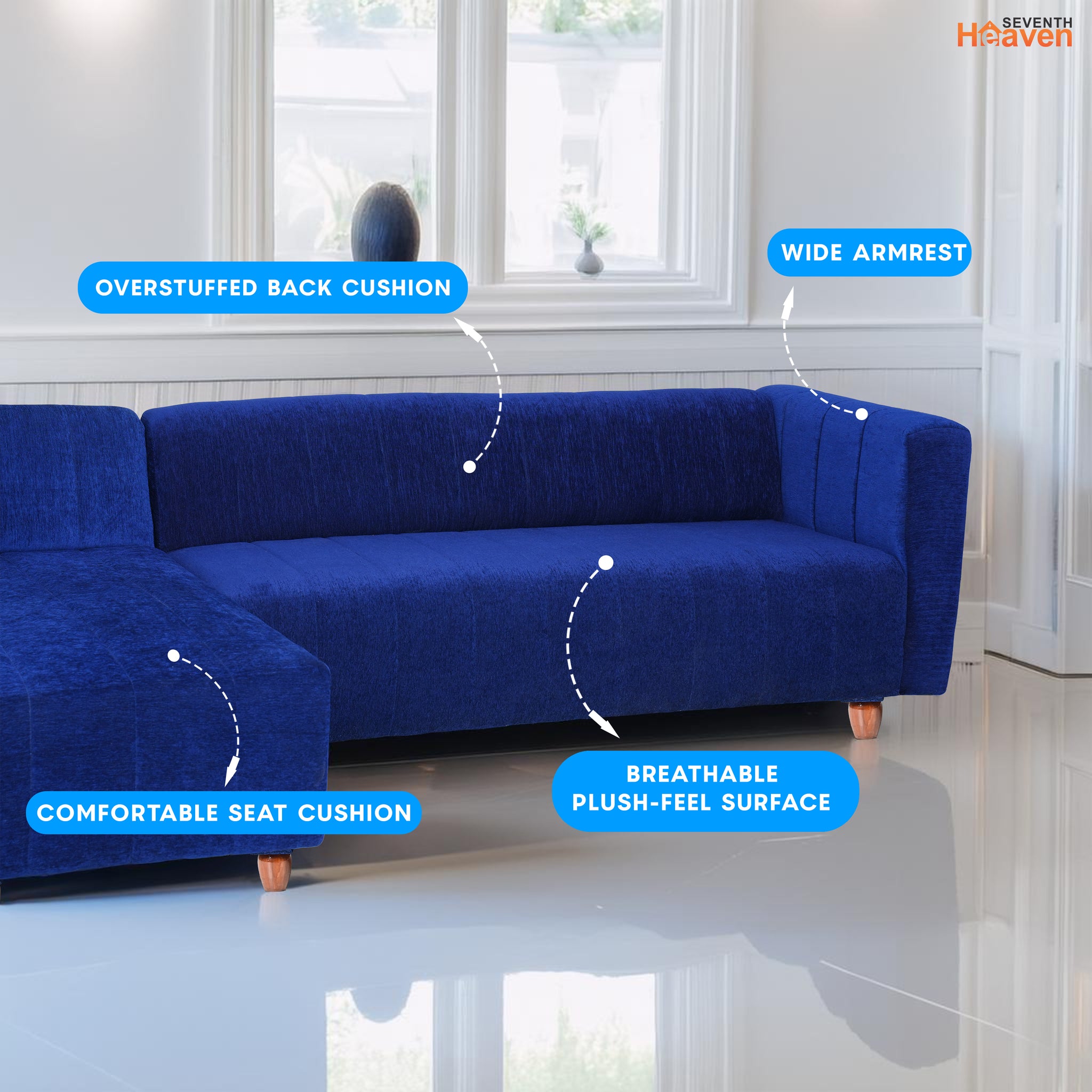 Tokyo 6 Seater Sofa Left Corner- ( Premium Molfino Fabric- Blue )