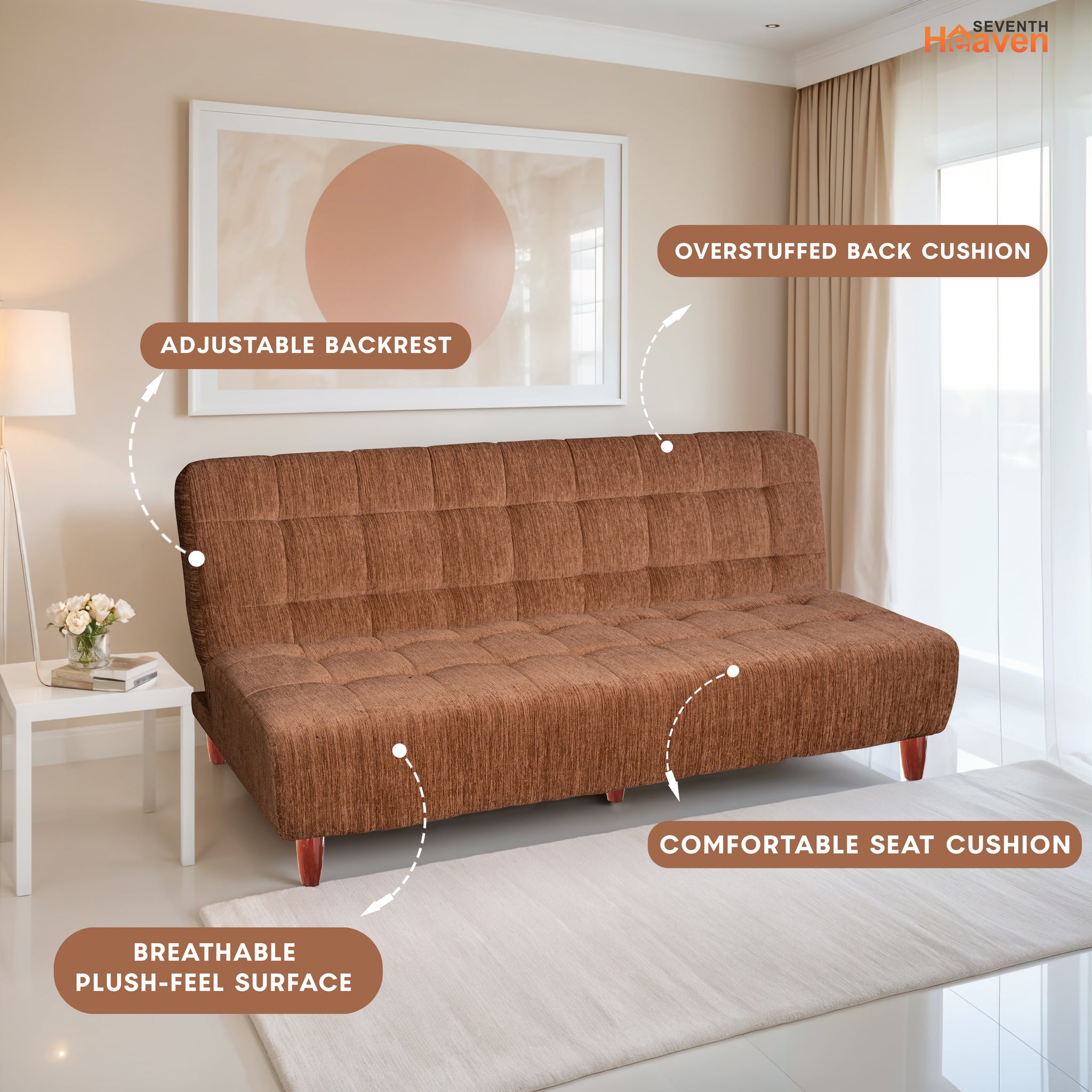 Florida 3 Seater Wooden Sofa Cum Bed - ( Premium Molfino Fabric- Beige )