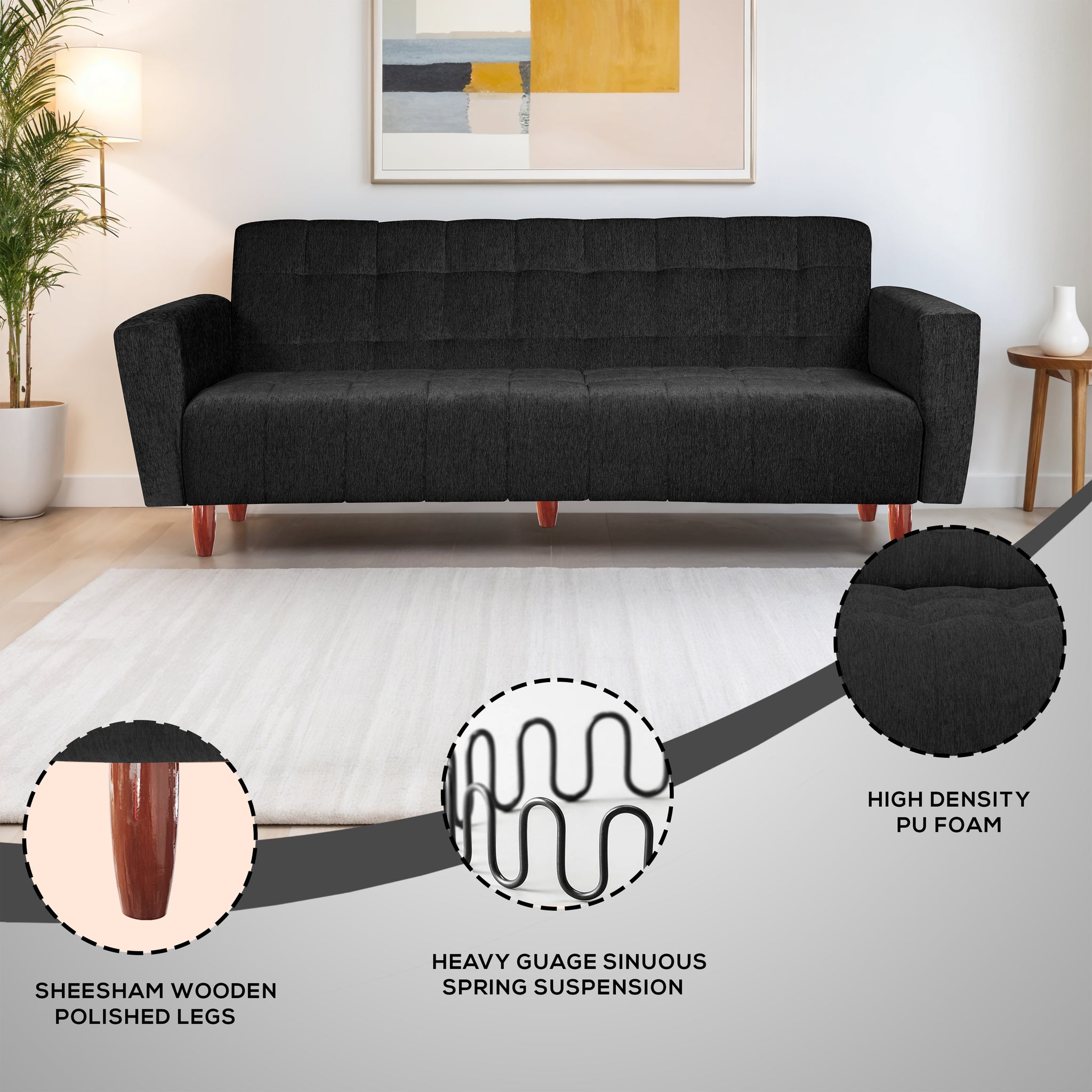 Lisbon 3 Seater Wooden Sofa Cum Bed - ( Premium Molfino Fabric- Black )