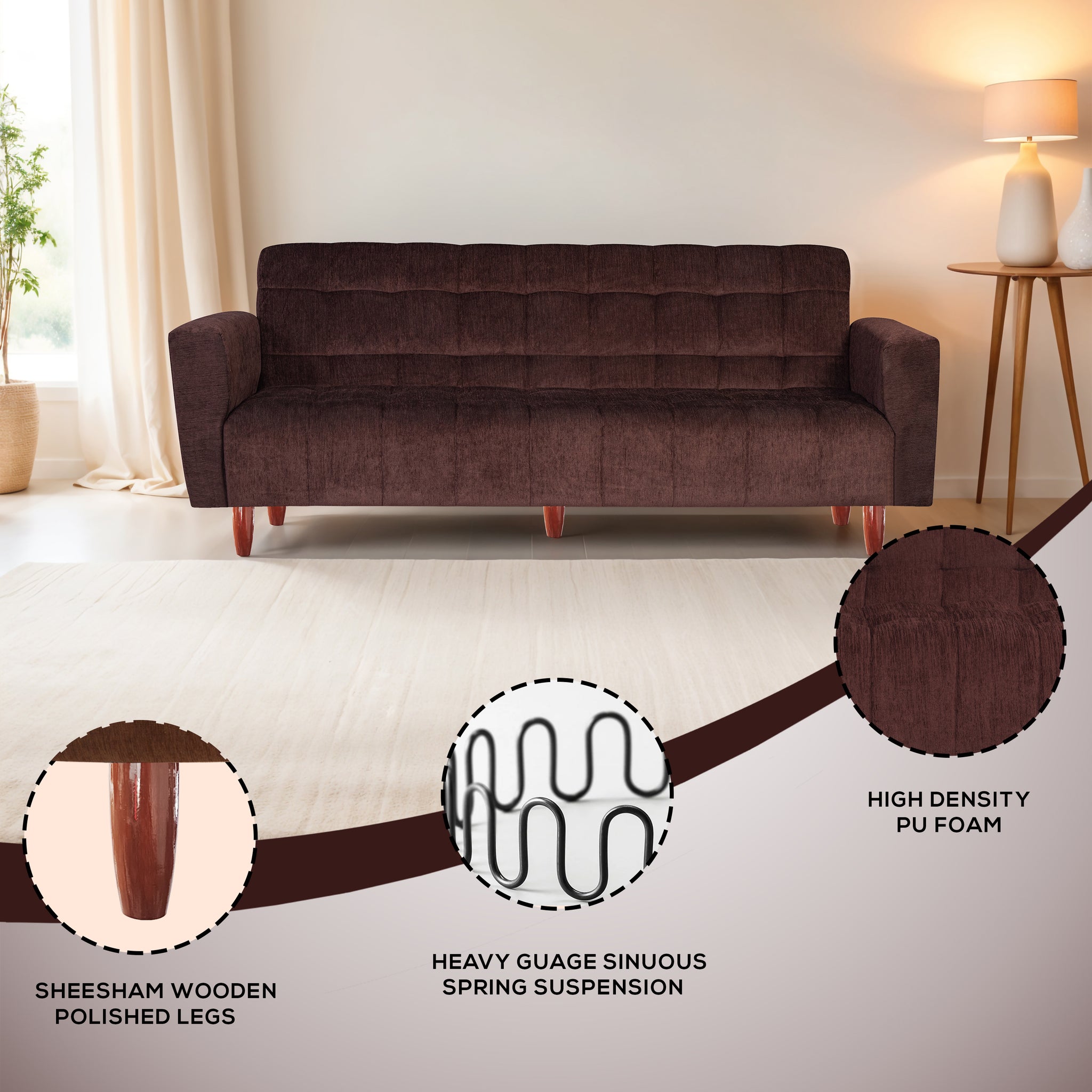 Lisbon  4 Seater Wooden Sofa Cum Bed - ( Premium Molfino Fabric- Brown)