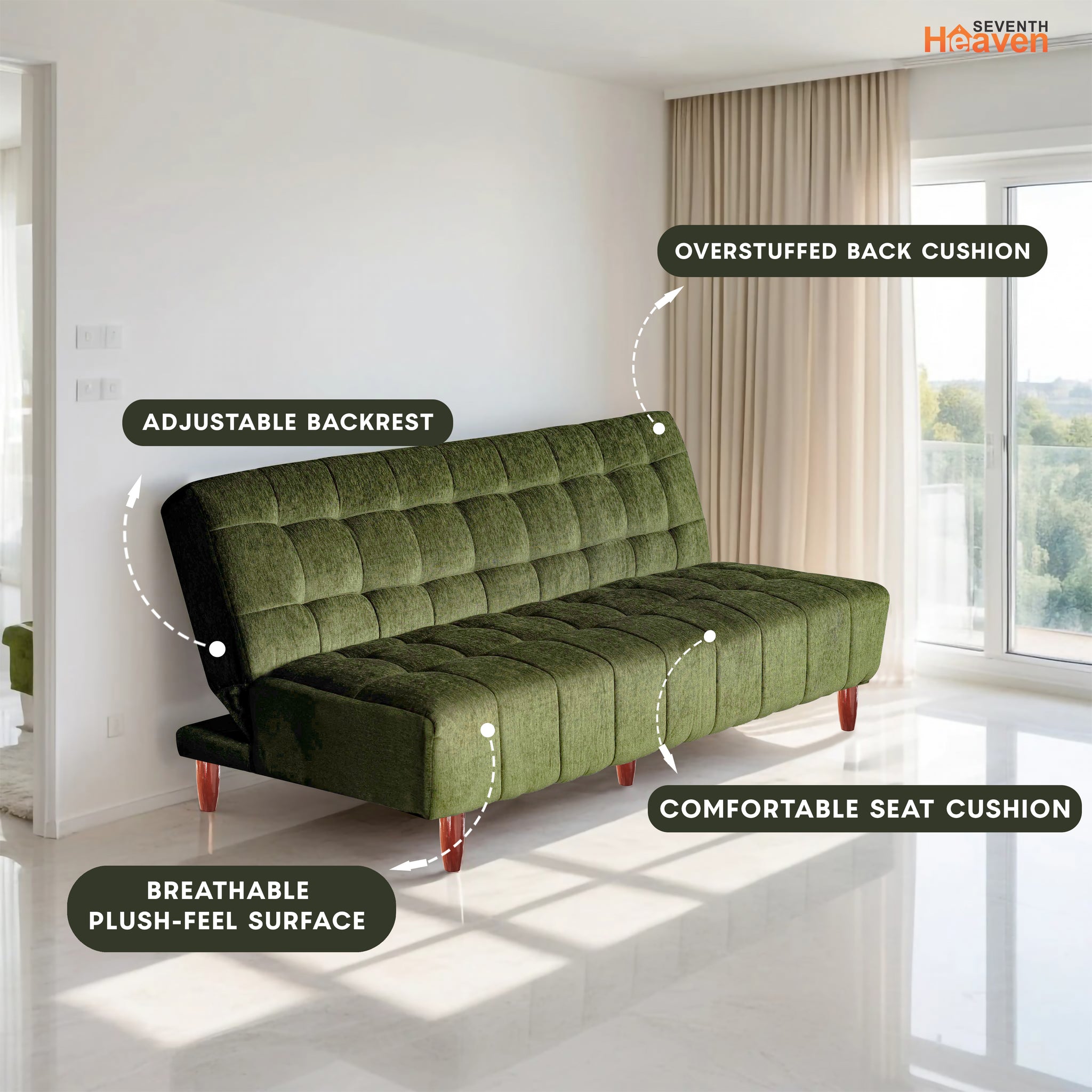 Florida 4 Seater Wooden Sofa Cum Bed - ( Premium Molfino Fabric- Green)