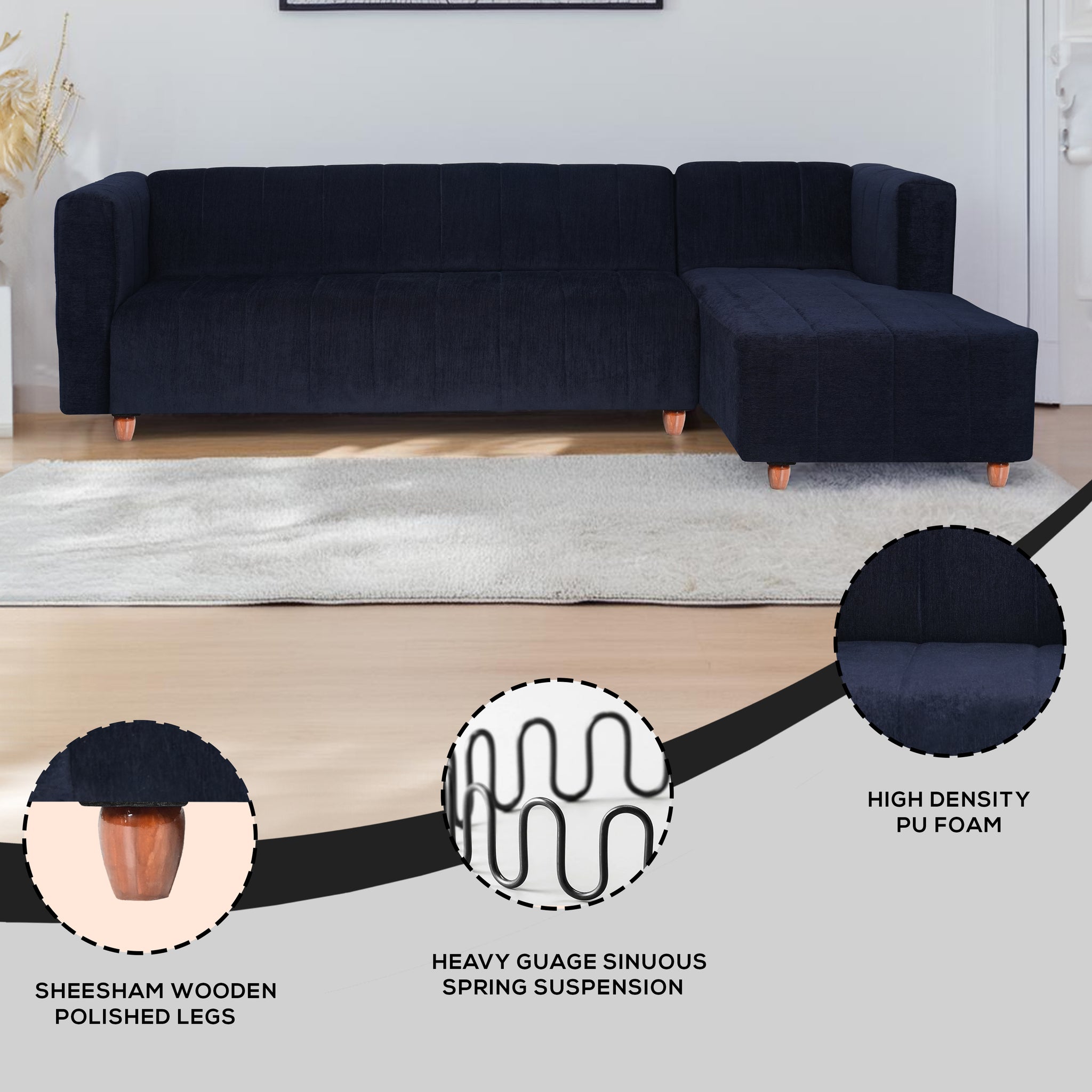 Tokyo 6 Seater Sofa Right Corner- ( Premium Molfino Fabric- Black )