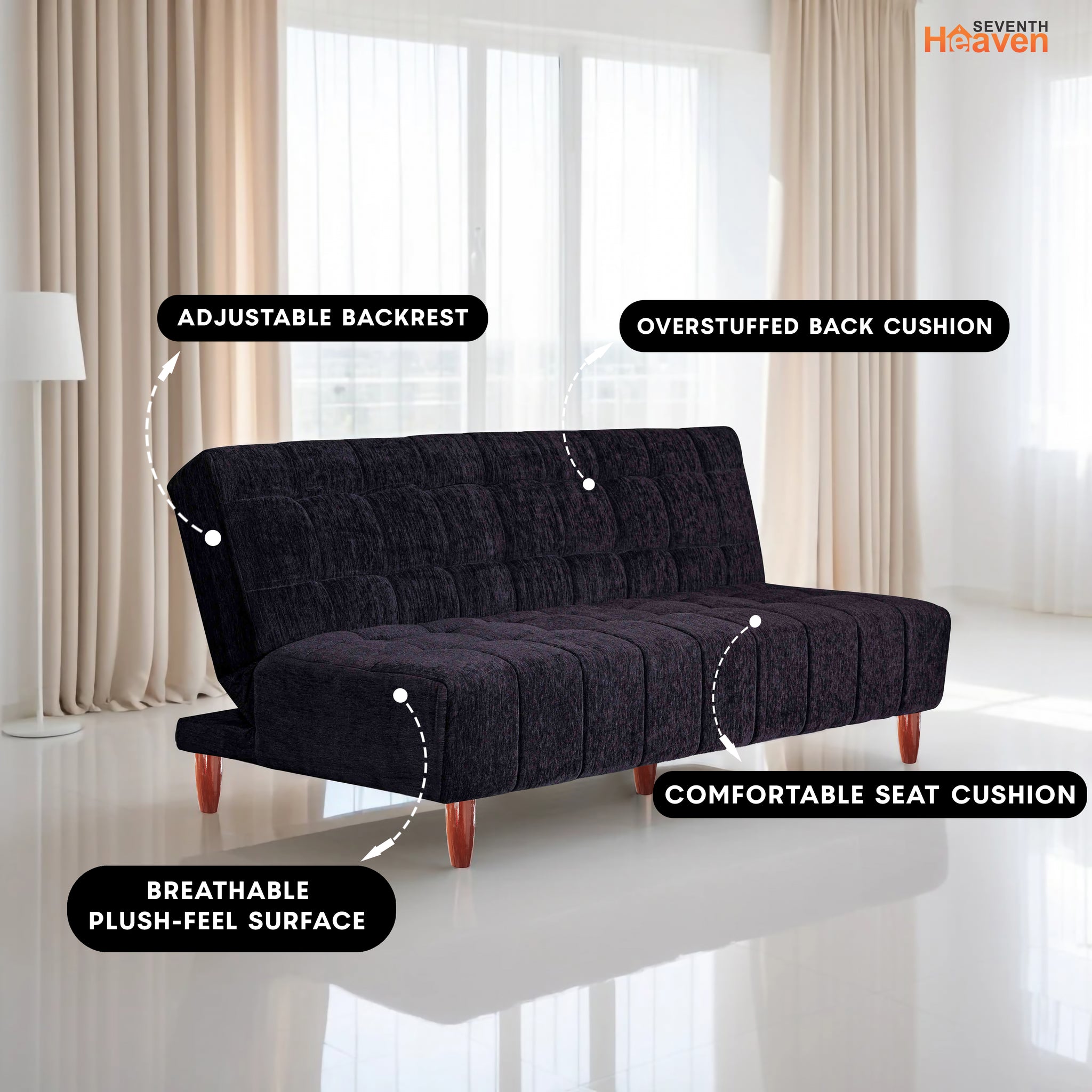 Florida 3 Seater Wooden Sofa Cum Bed - ( Premium Molfino Fabric- Black )
