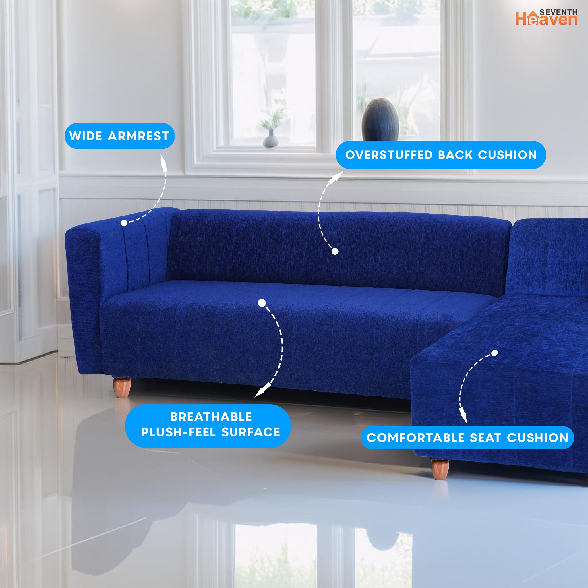 Tokyo 6 Seater Sofa Right Corner- ( Premium Molfino Fabric- Blue )