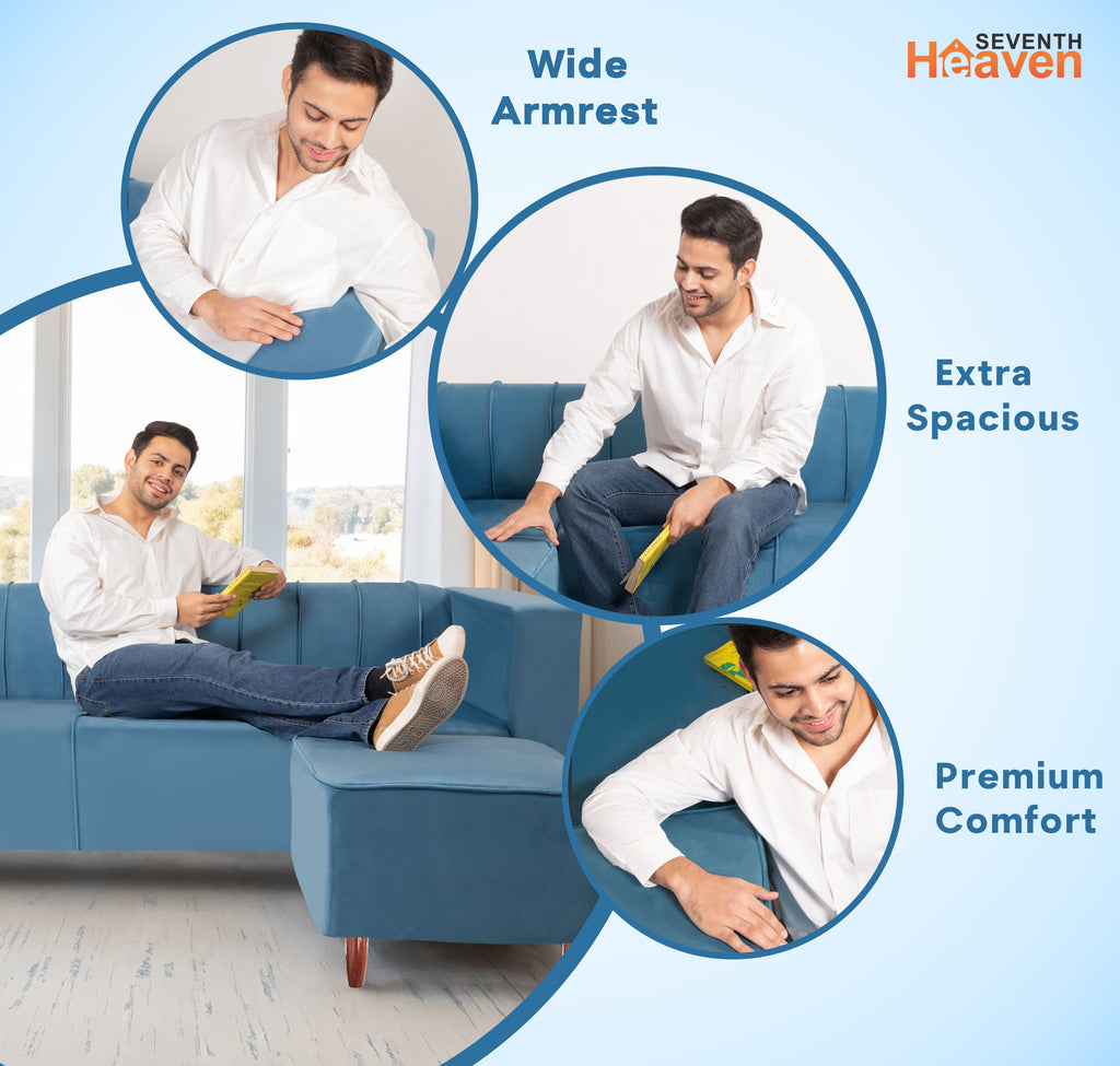 Sydney 4 Seater Sofa with Ottoman- ( Premium Holland Fabric- Sky Blue )
