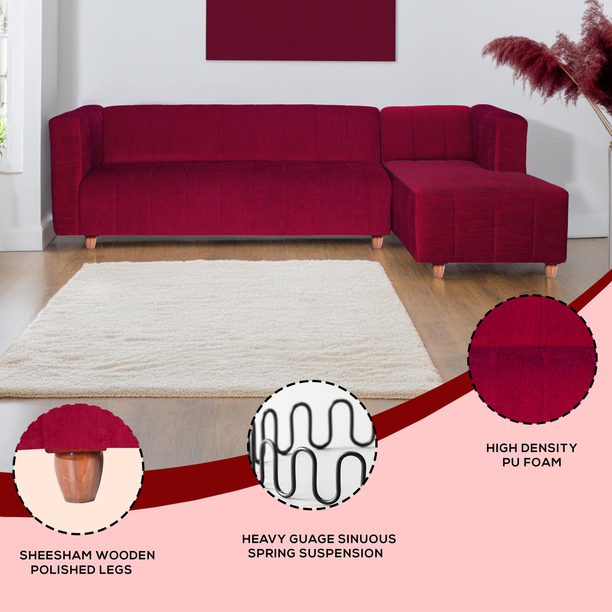 Tokyo 6 Seater Sofa Right Corner- ( Premium Molfino Fabric- Maroon )