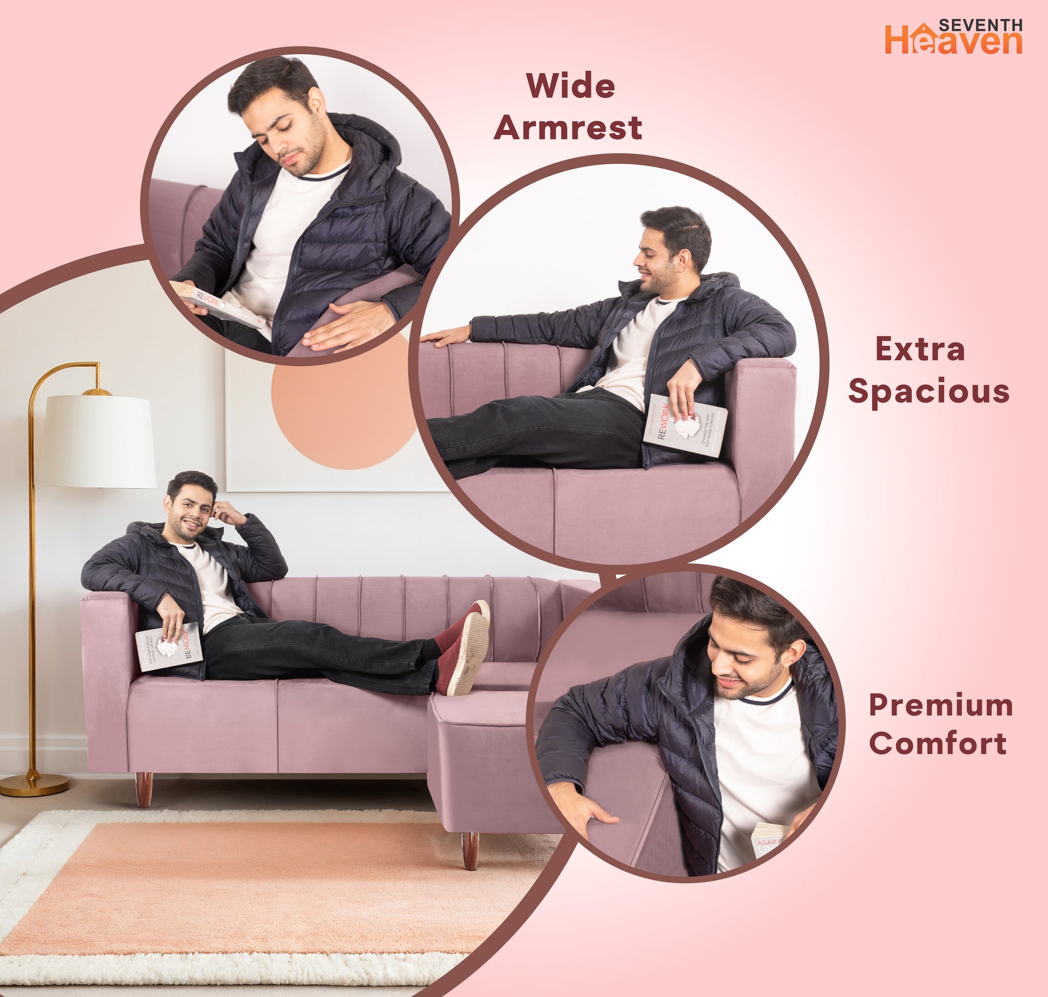 Sydney 4 Seater Sofa with Ottoman- ( Premium Holland Fabric- Peach )