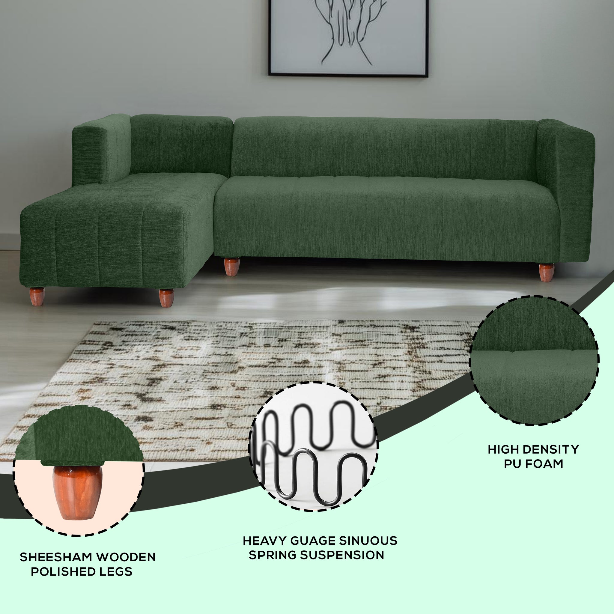 Tokyo 6 Seater Sofa Left Corner- ( Premium Molfino Fabric- Green )