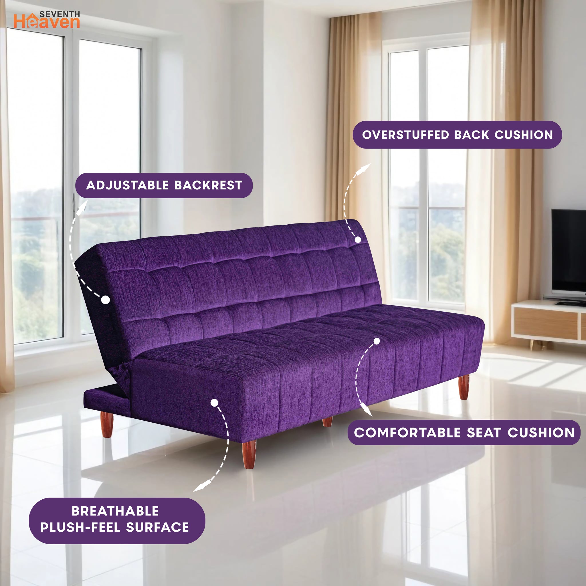 Florida 4 Seater Wooden Sofa Cum Bed - ( Premium Molfino Fabric- Purple)