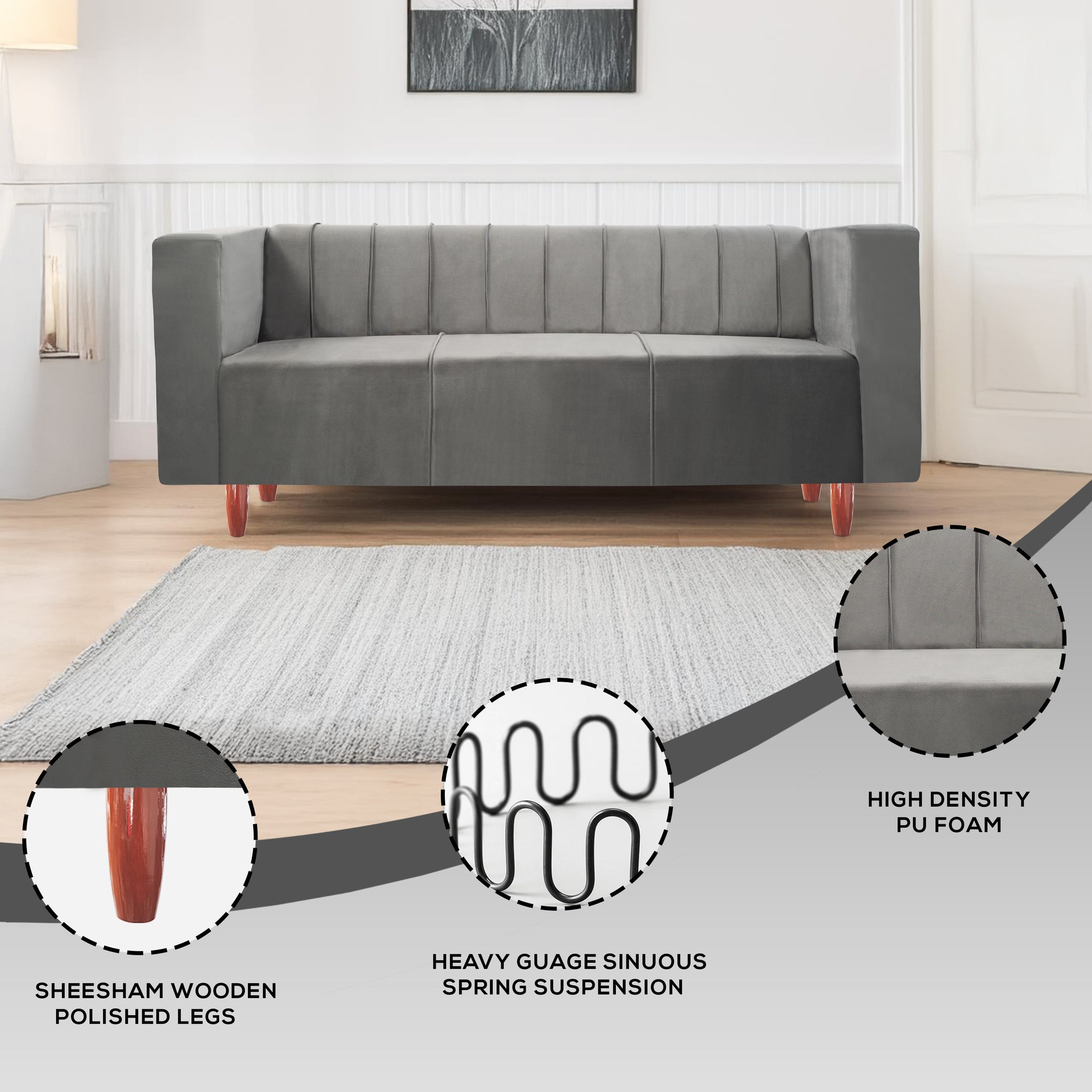 Sydney 3 Seater Sofa- ( Premium Holland Fabric- Grey )