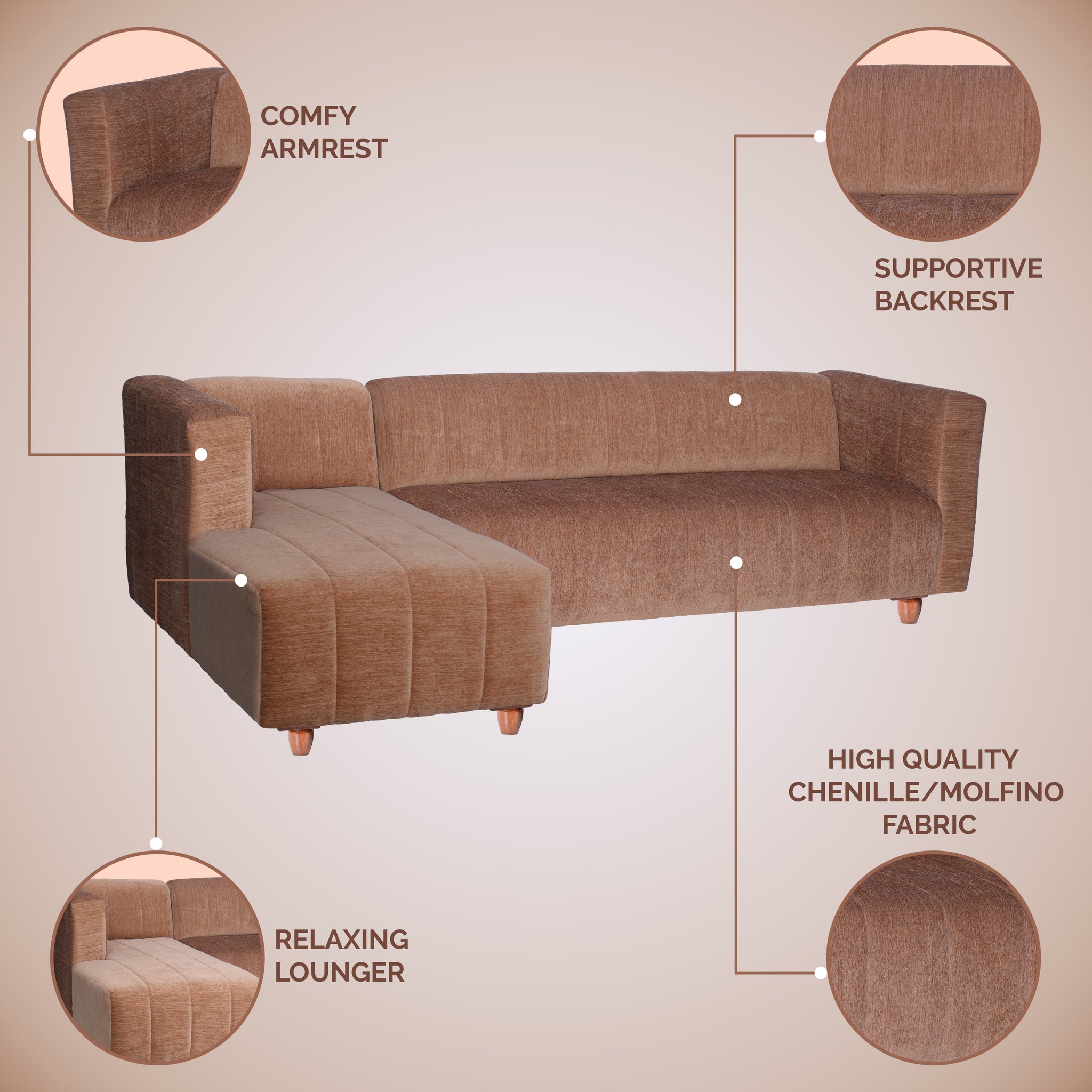 Tokyo 6 Seater Sofa Left Corner- ( Premium Molfino Fabric- Beige )