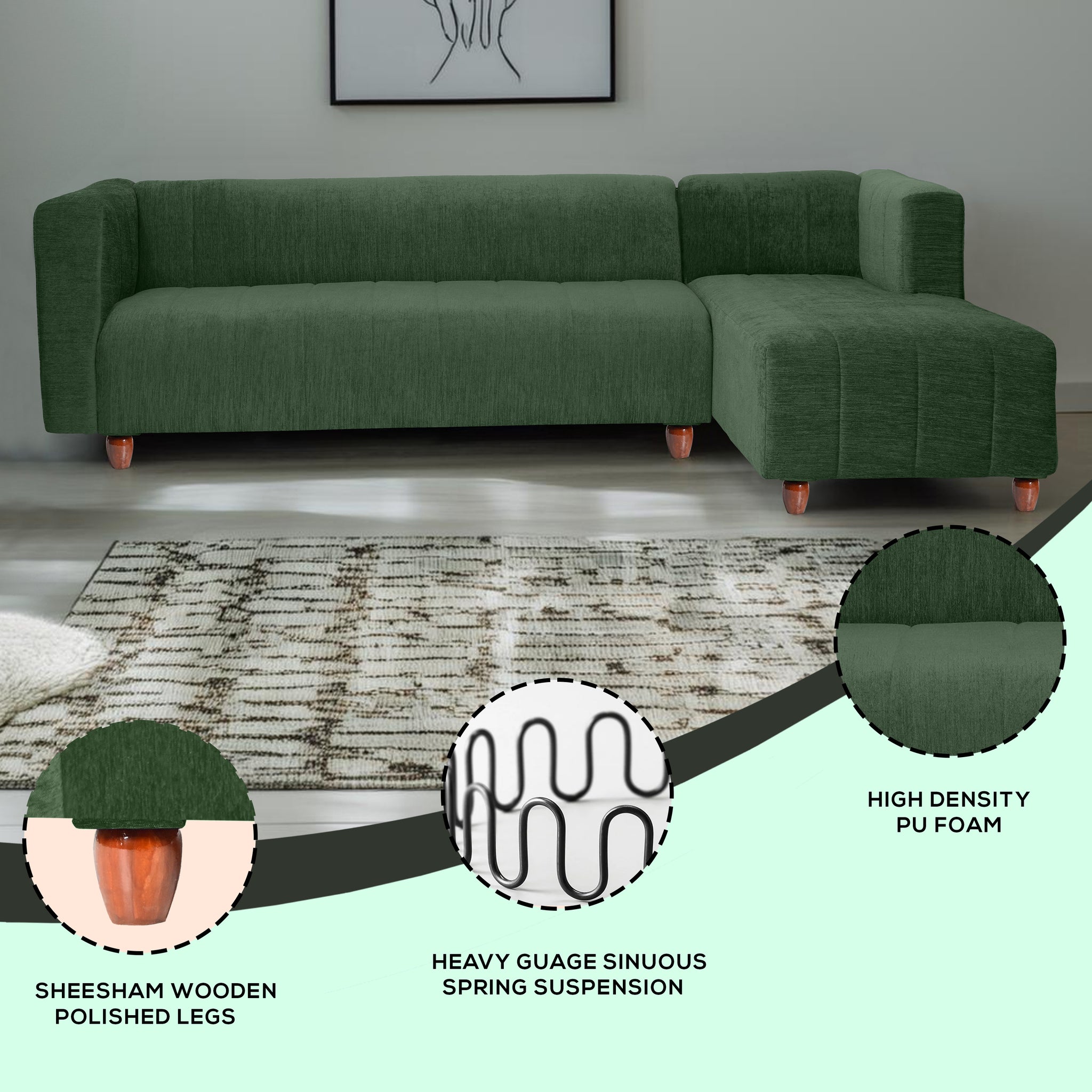 Tokyo 6 Seater Sofa Right Corner- ( Premium Molfino Fabric- Green )
