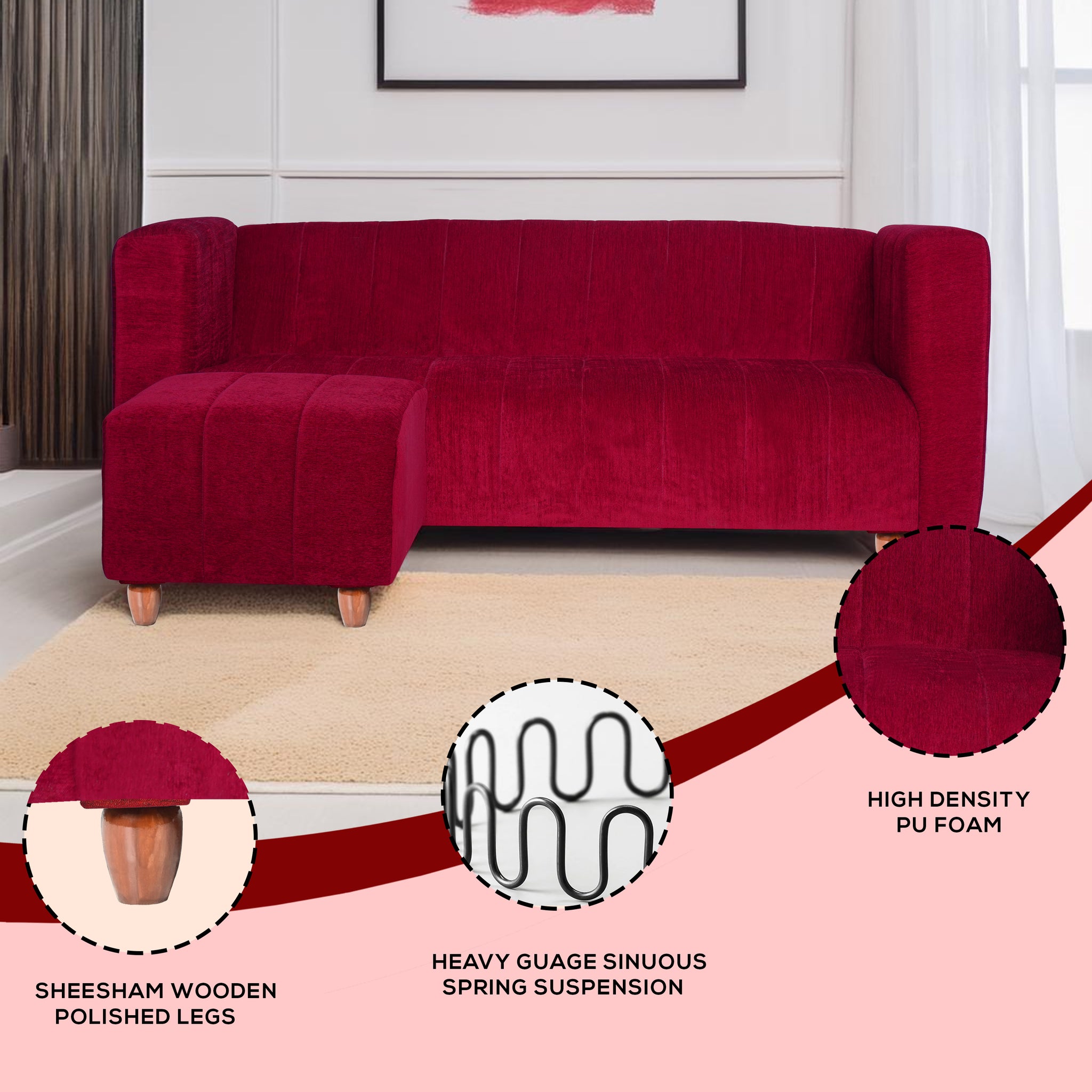 Tokyo 4 Seater Sofa with Ottoman- ( Premium Molfino Fabric- Maroon )