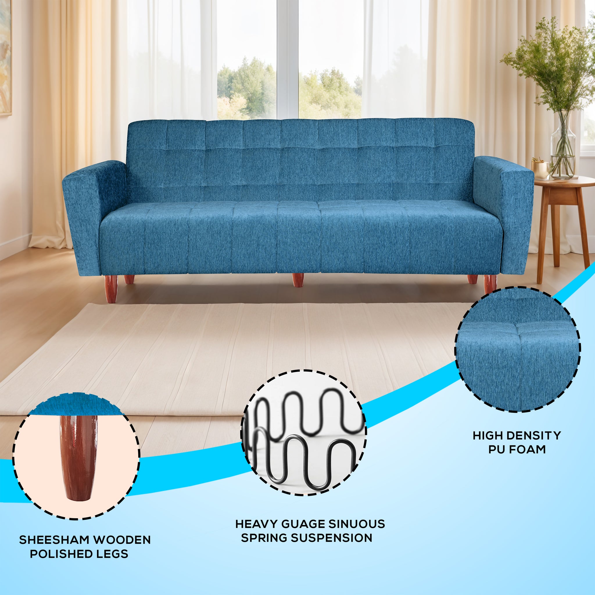 Lisbon 3 Seater Wooden Sofa Cum Bed - ( Premium Molfino Fabric- Sky Blue )