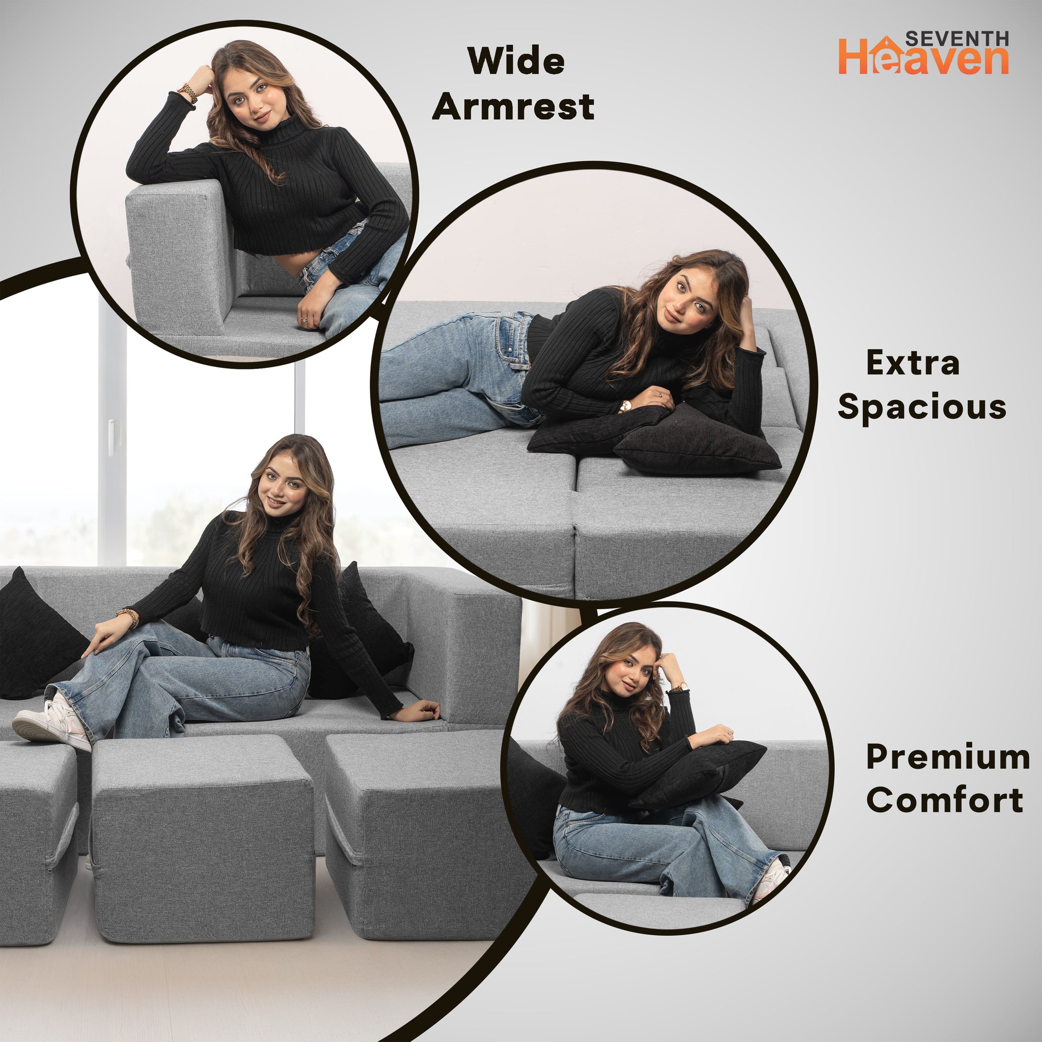 Flipper X Sofa Cum Bed - 3 Seater With 3 Ottoman - Plain Cushions ( Jute Fabric, Light Grey )