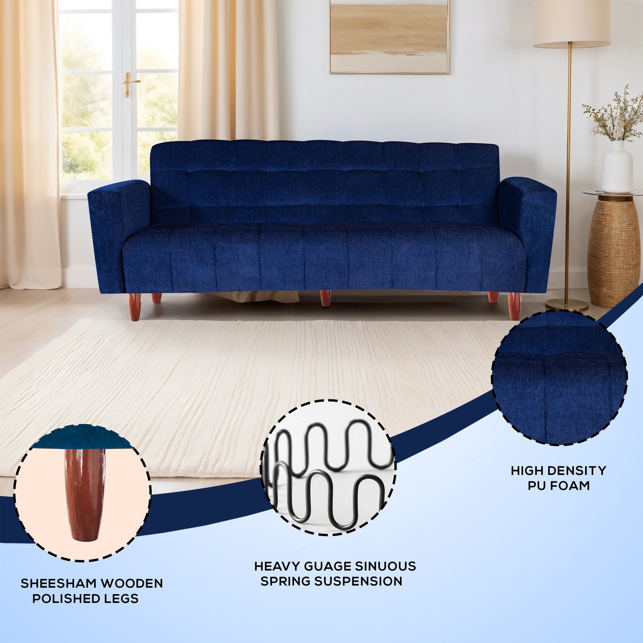 Lisbon  4 Seater Wooden Sofa Cum Bed - ( Premium Molfino Fabric-Blue)