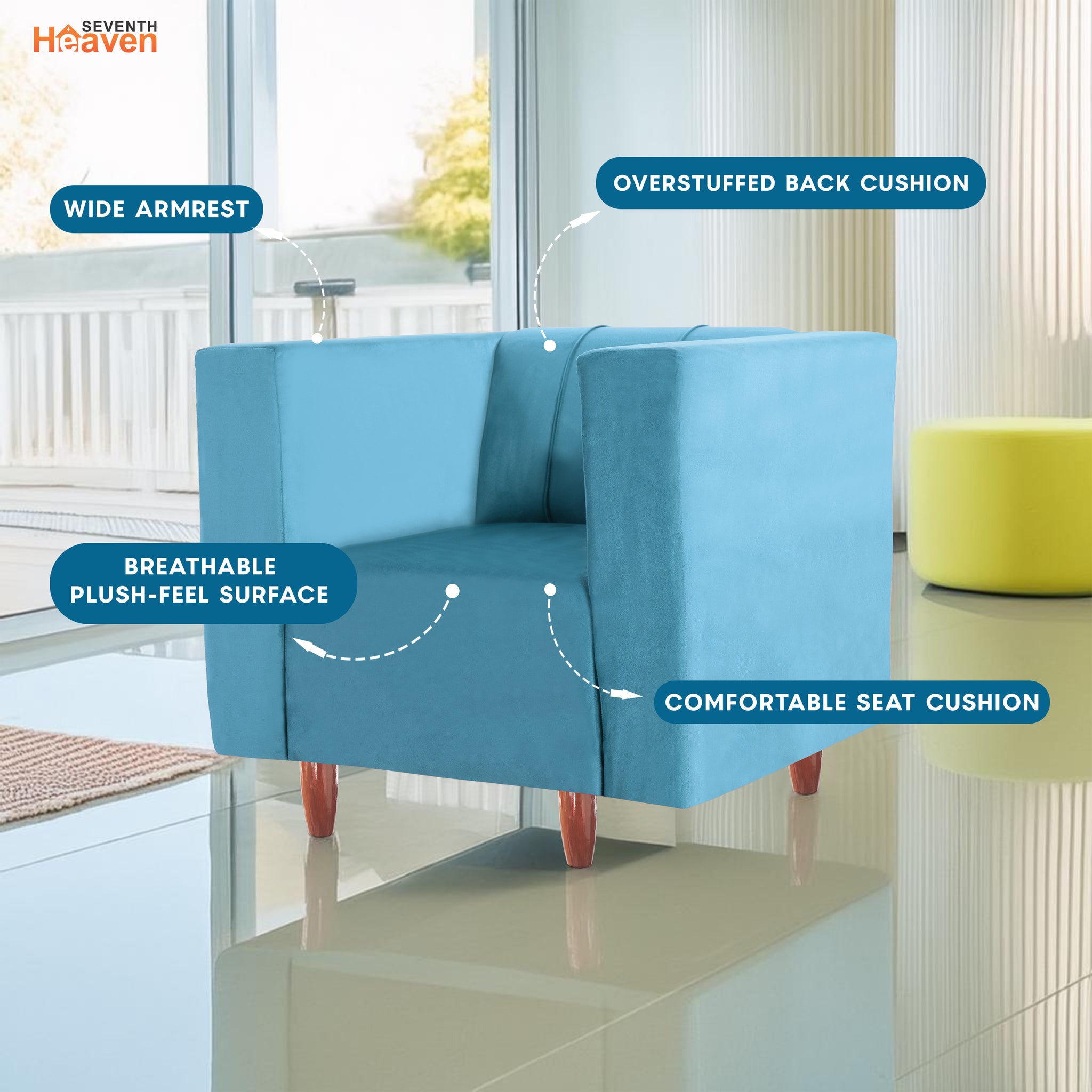Sydney 1 Seater Sofa- ( Premium Holland Fabric- Sky Blue )