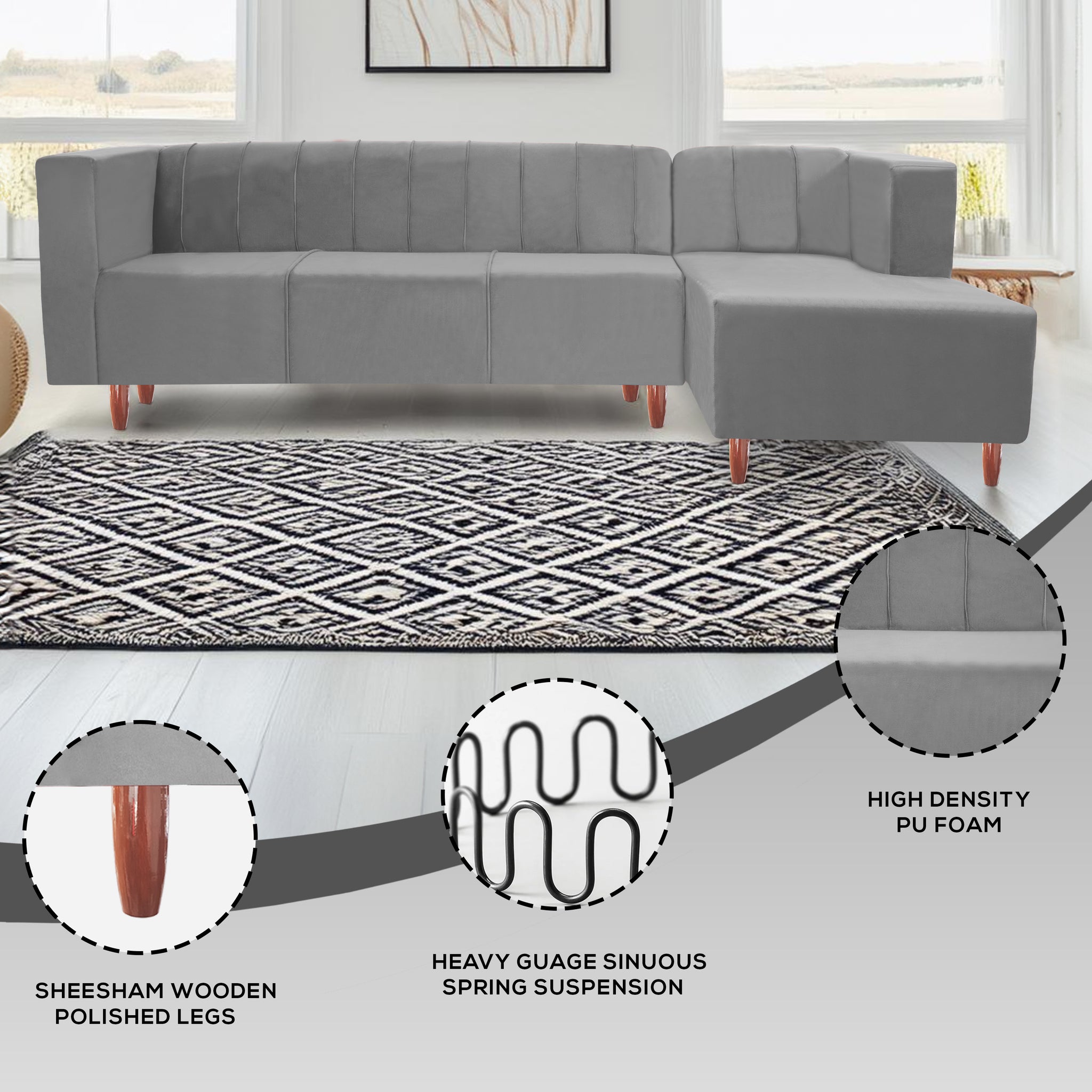 Sydney 6 Seater sofa right corner- ( Premium Holland Fabric- Grey )