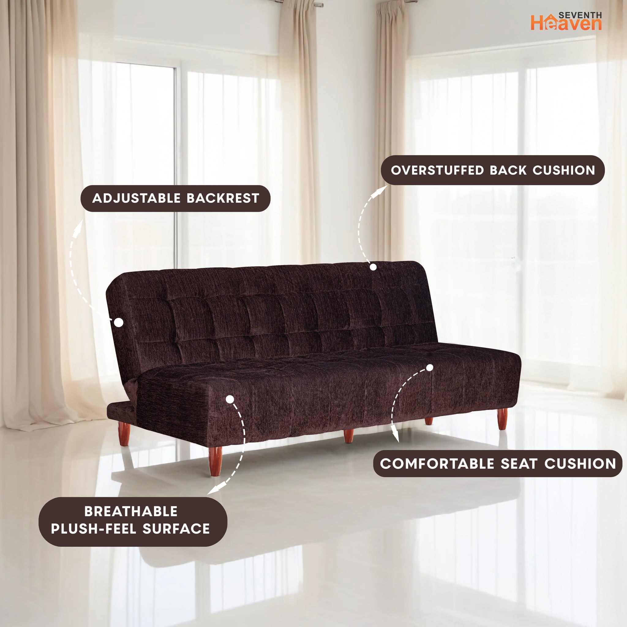 Florida 3 Seater Wooden Sofa Cum Bed - ( Premium Molfino Fabric- Brown )