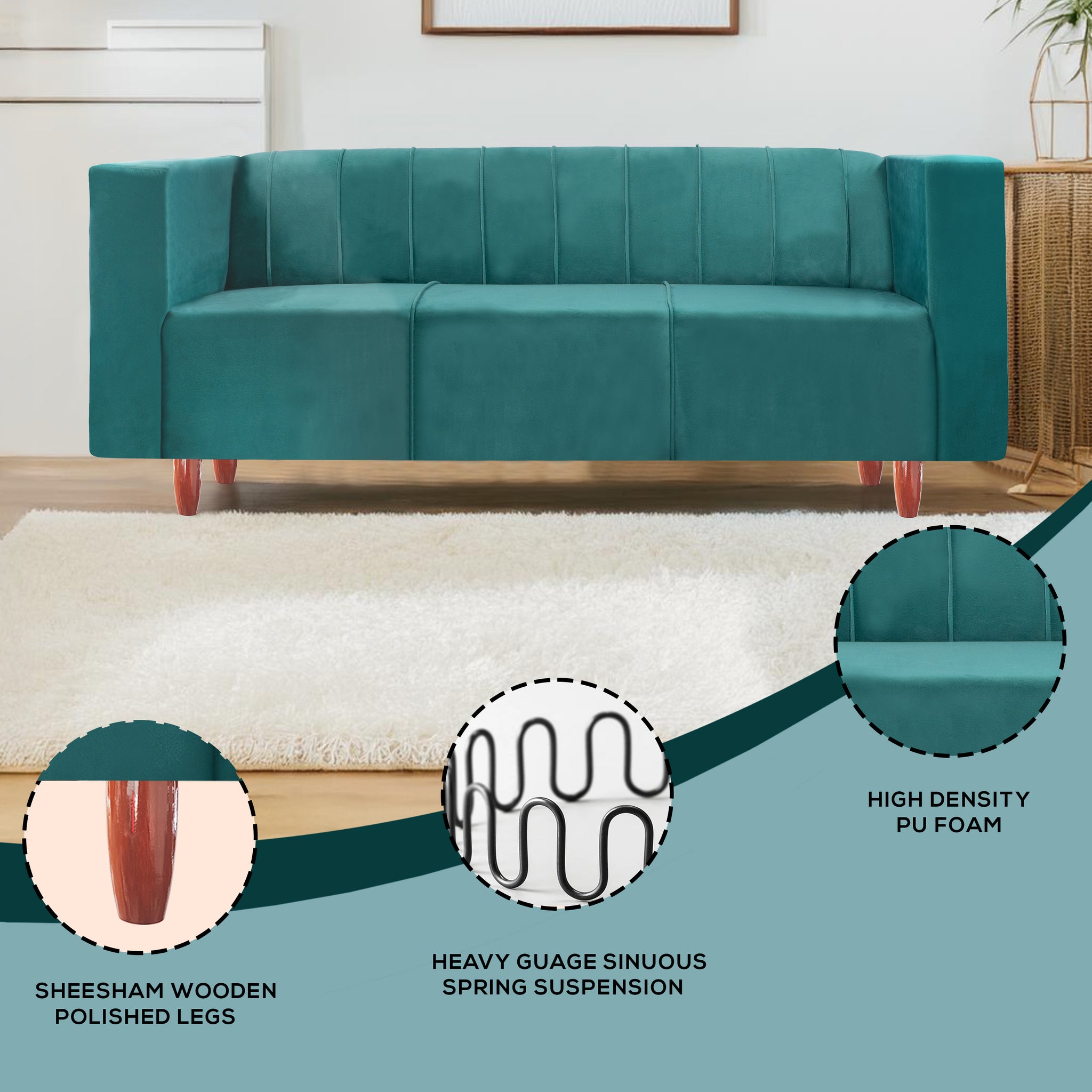 Sydney 3 Seater Sofa- ( Premium Holland Fabric- Teal )