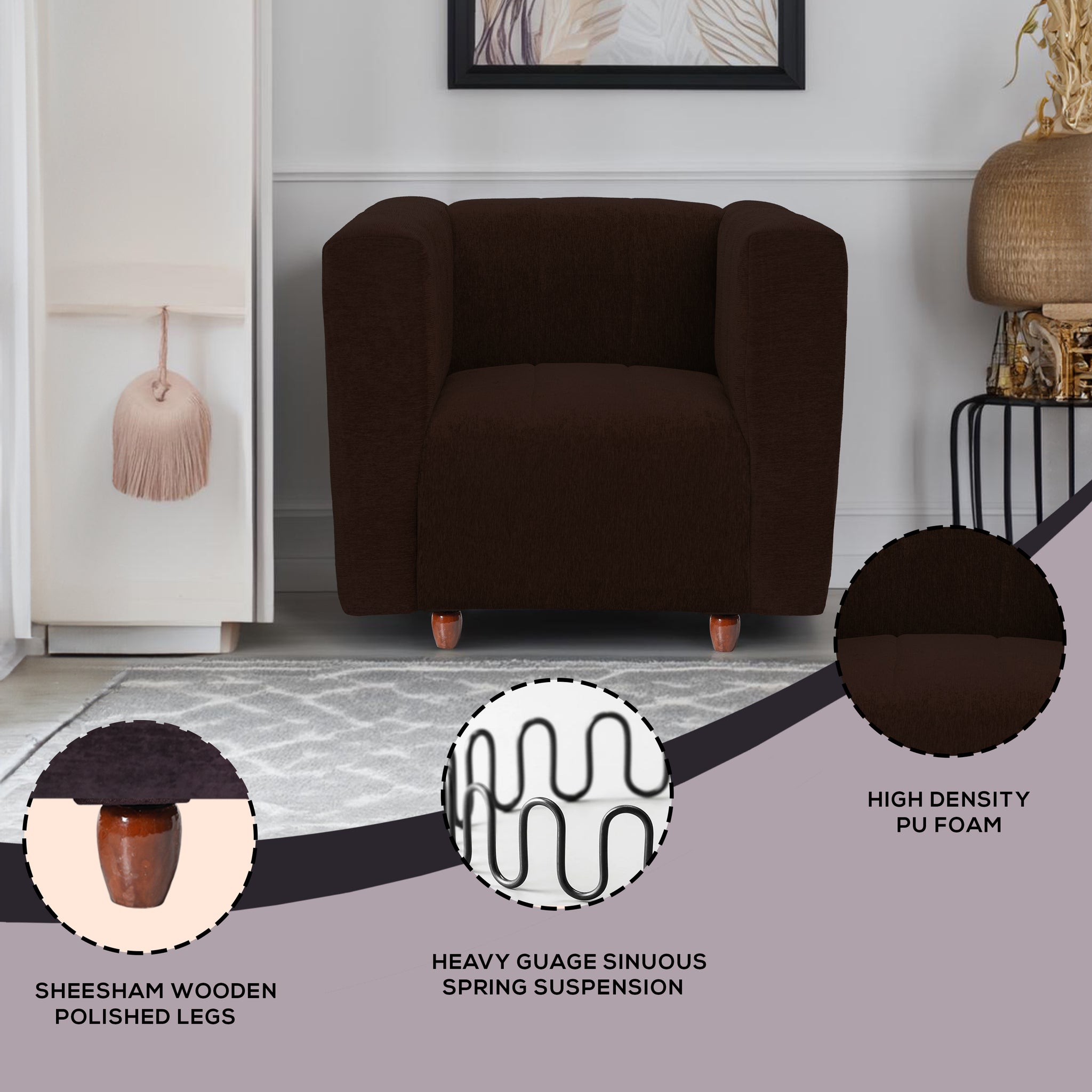 Tokyo 1 Seater Sofa- ( Premium Molfino Fabric- Brown )