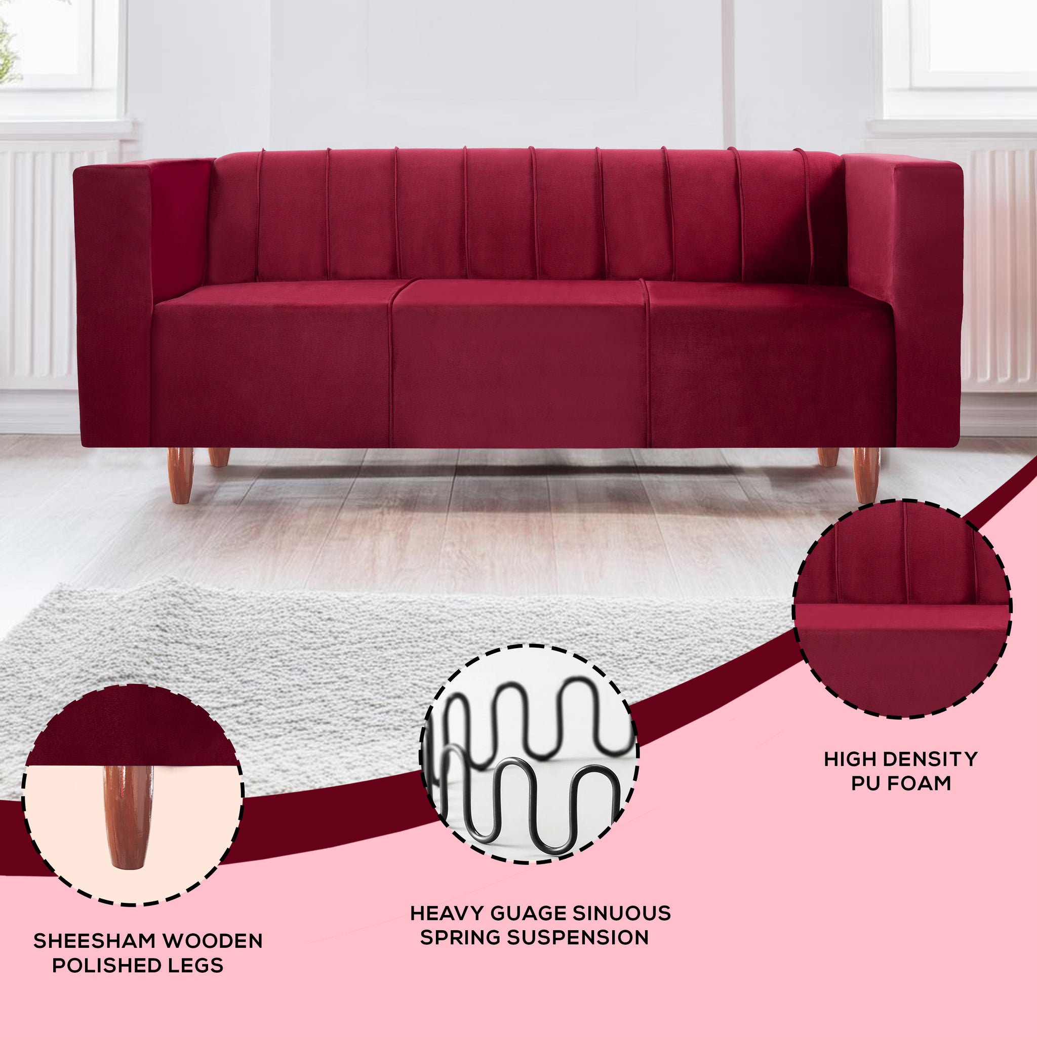 Sydney 3 Seater Sofa- ( Plush Suede Fabric- Maroon )