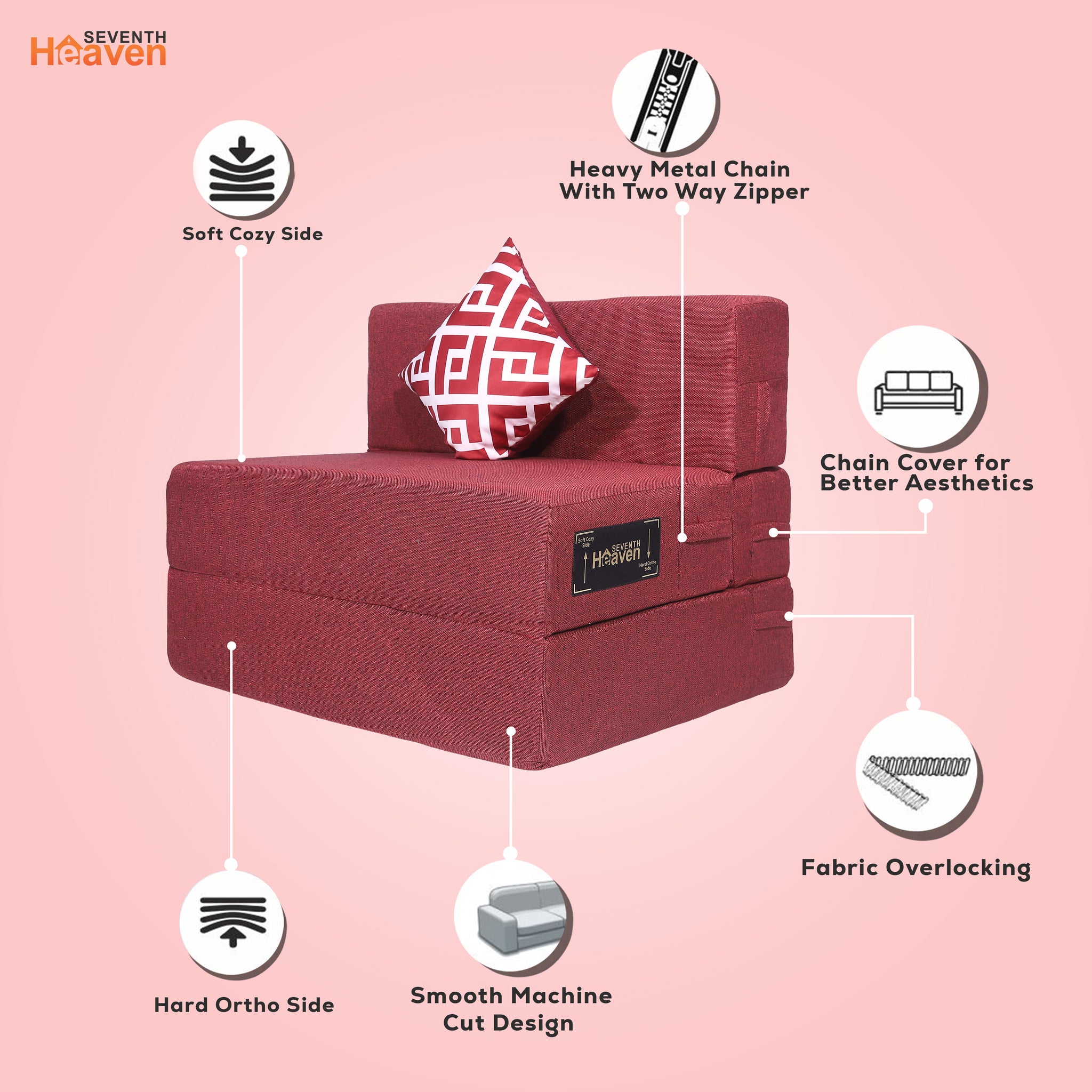 Seventh Heaven 1 Seater 6×3  Premium Jute Fabric Washable Cover Sofa cum Bed 1 Seater Double Foam Fold Out Sofa Cum Bed with 1 Printed Cushion  (Finish Color - Maroon Delivery Condition - Pre-assembled)