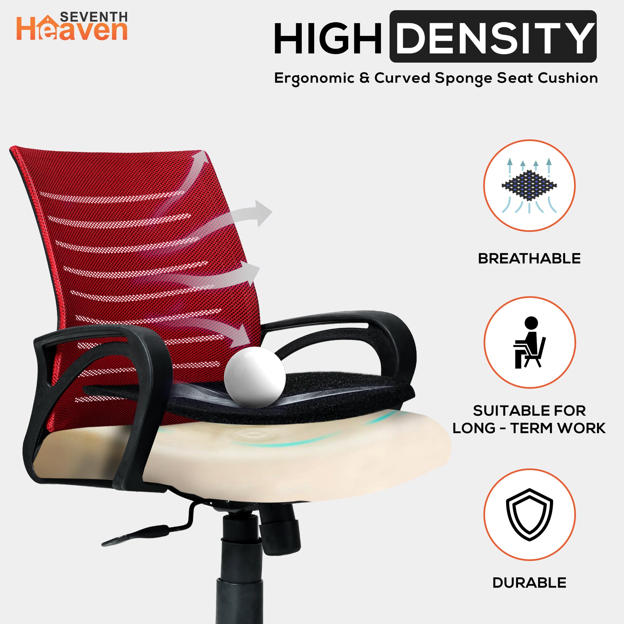 Seventh Heaven Blaze Mid Back Office Chair for Work from Home | Study Chair | Revolving Chair | Computer Chair : 3 years warranty ( Heavy Duty Powder Metal Base, Red Mesh )