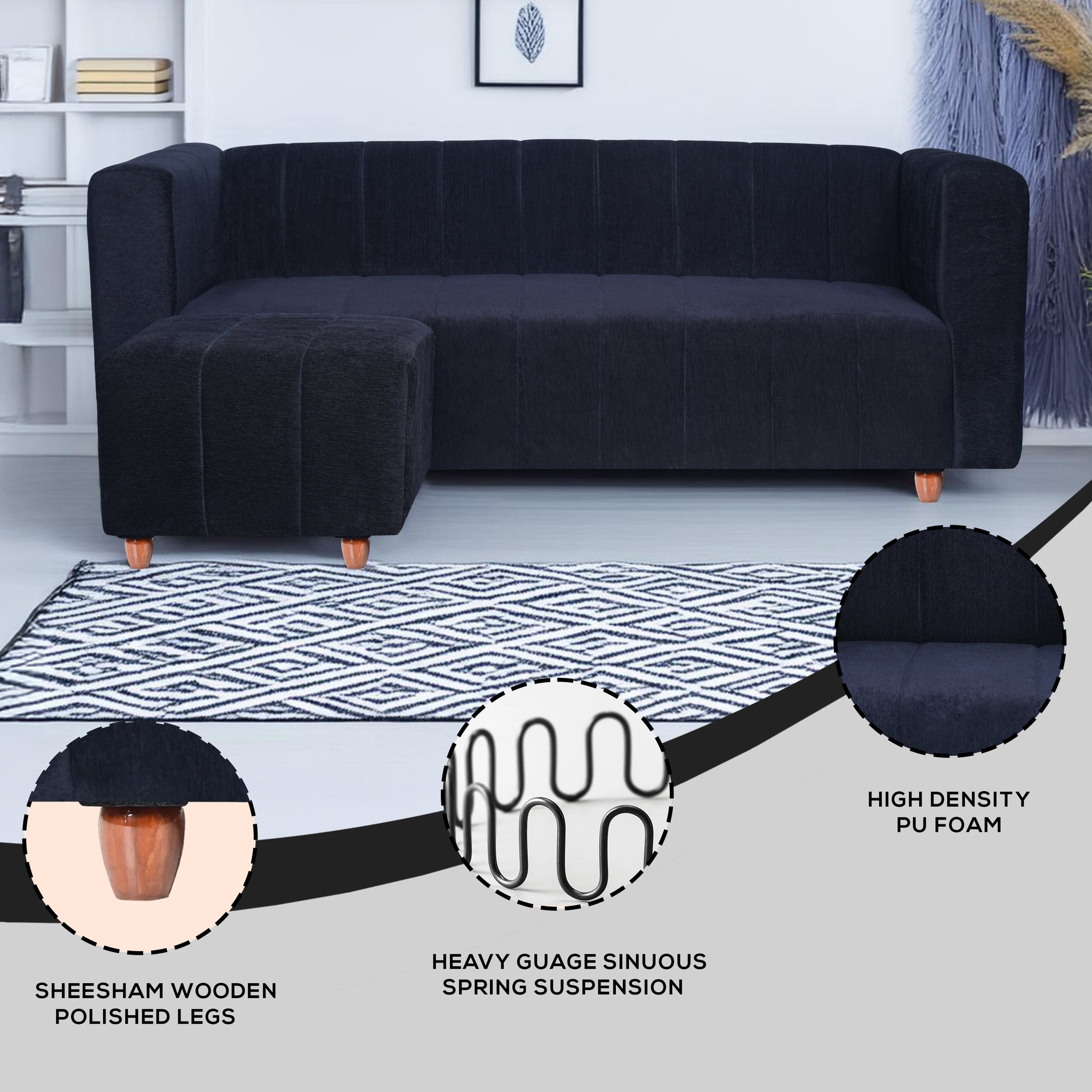 Tokyo 4 Seater Sofa with Ottoman- ( Premium Molfino Fabric- Black )