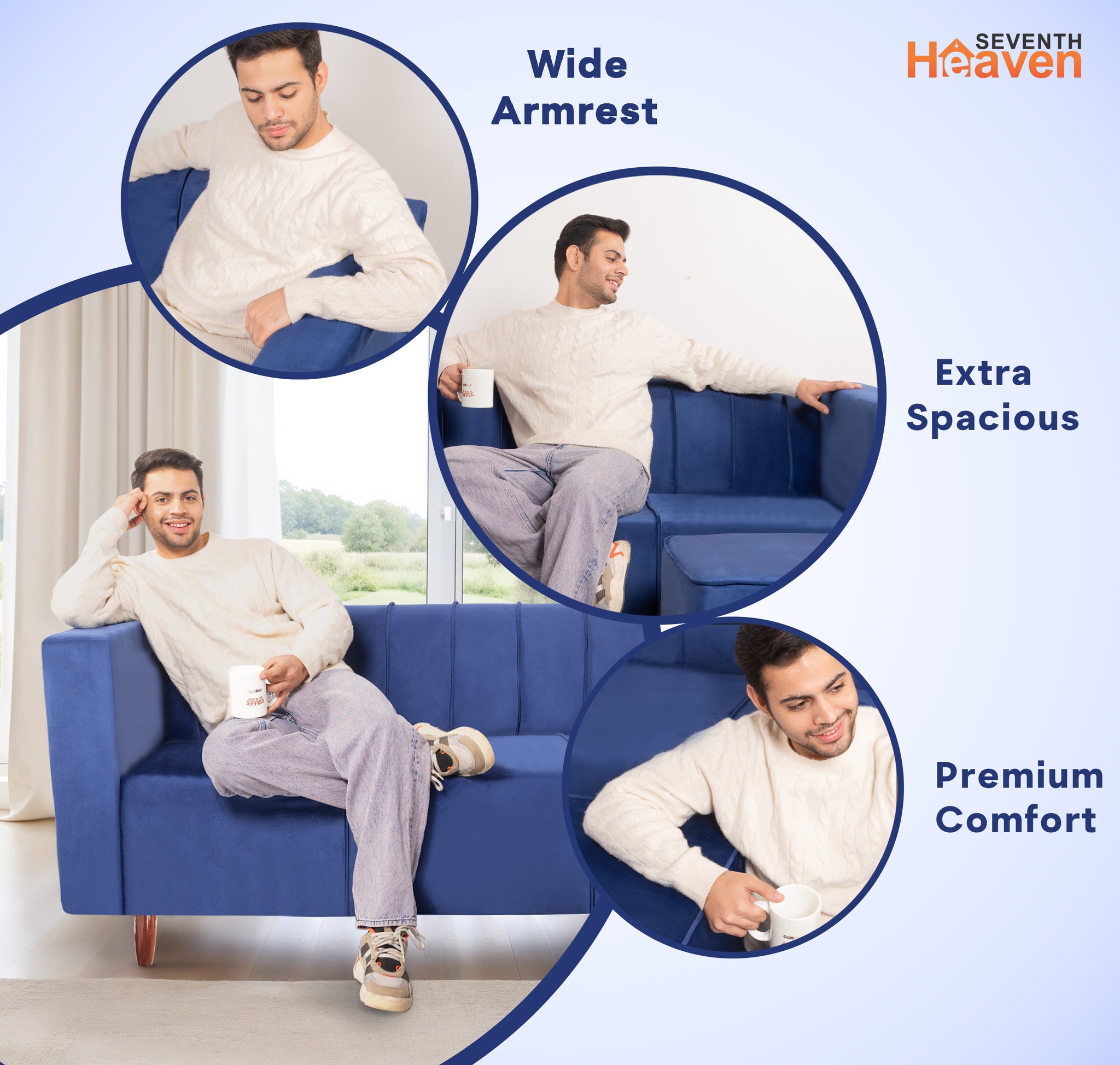 Sydney 4 Seater Sofa with Ottoman- ( Premium Holland Fabric- Blue )