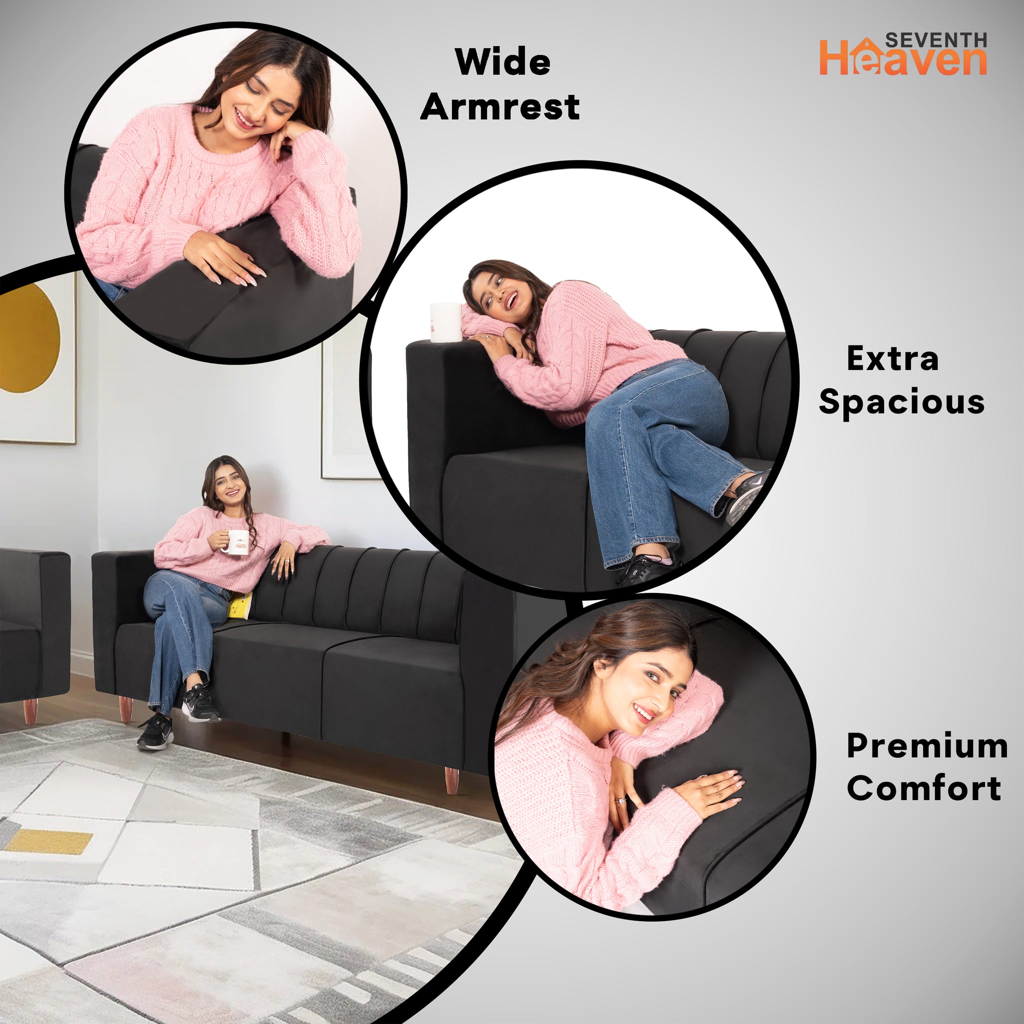 Sydney 5 Seater Sofa- (3+2) ( Premium Holland Fabric - Black)