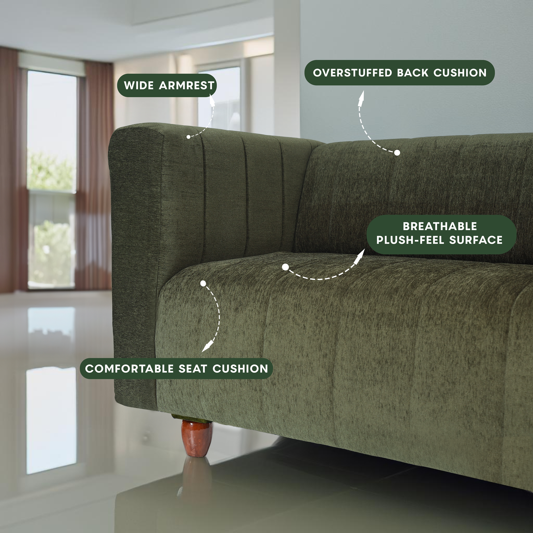 Tokyo 2 Seater Sofa- ( Premium Molfino Fabric- Green )