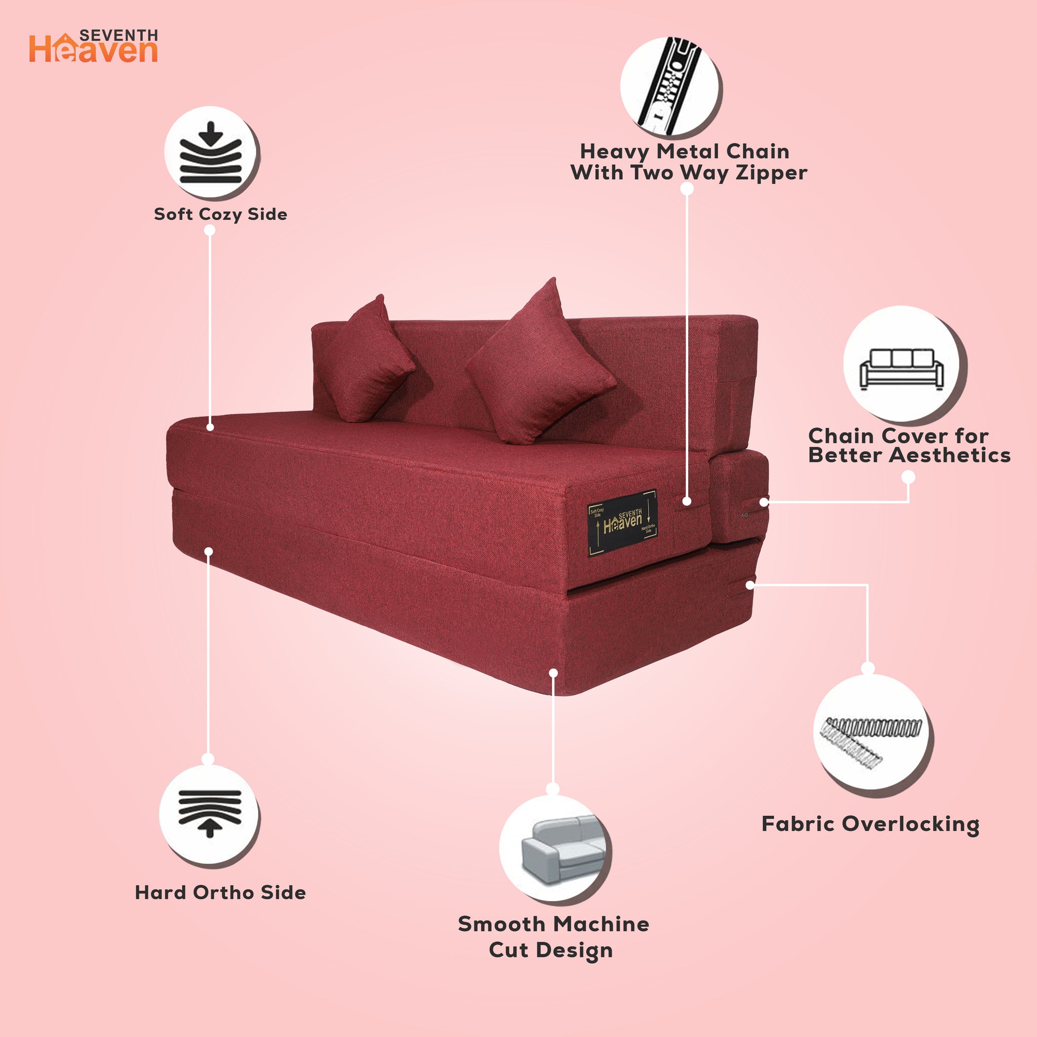 Seventh Heaven 3 Seater 6×5  Premium Jute Fabric Washable Cover Sofa cum Bed 3 Seater Double Foam Fold Out Sofa  Bed With 2 Same Cushions (Finish Color - Maroon Delivery Condition - Pre-assembled)