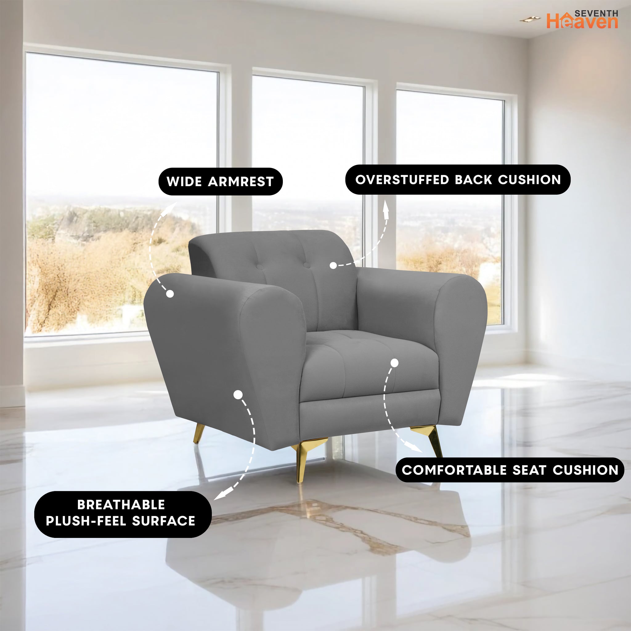 Milan Icon 1 Seater Sofa- ( Plush Suede Fabric- Grey )
