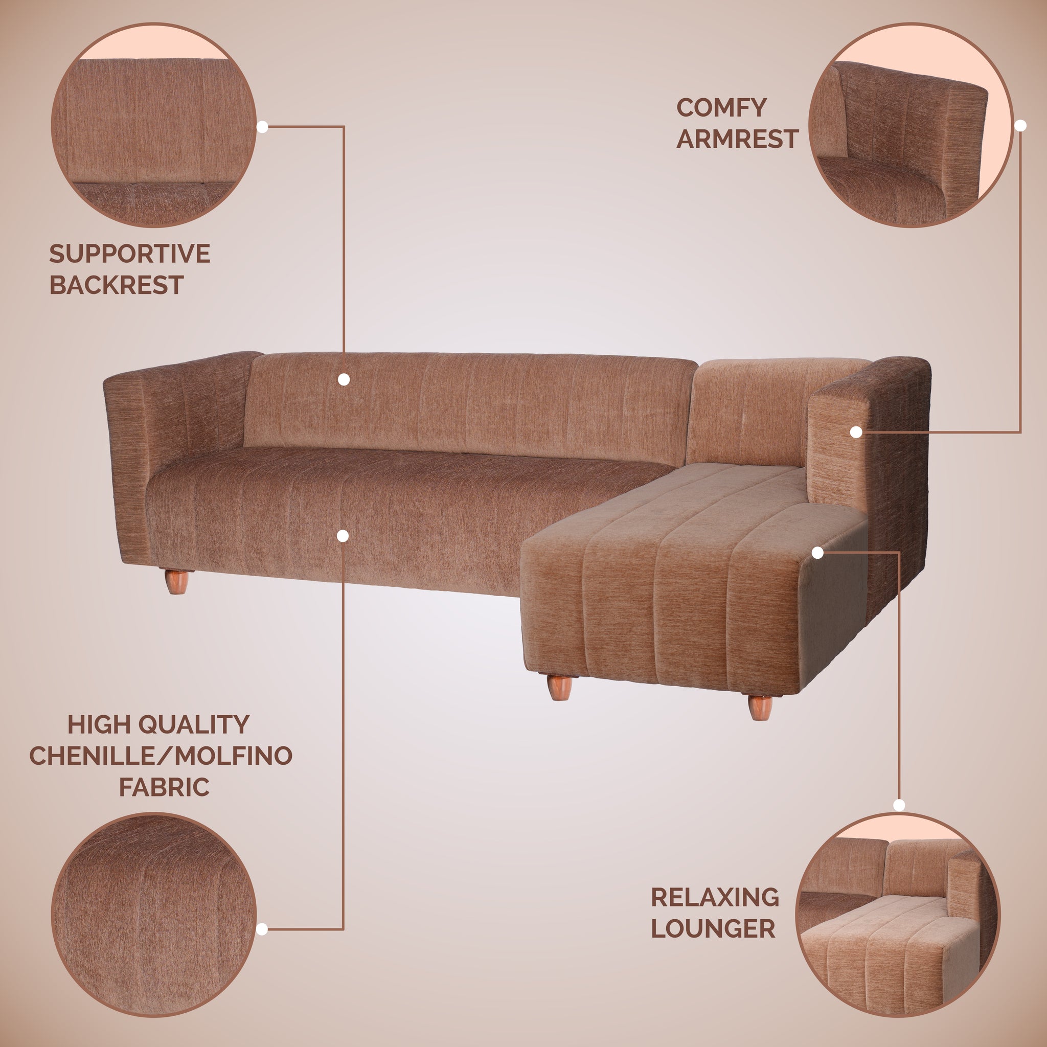 Tokyo 6 Seater Sofa Right Corner- ( Premium Molfino Fabric- Beige )