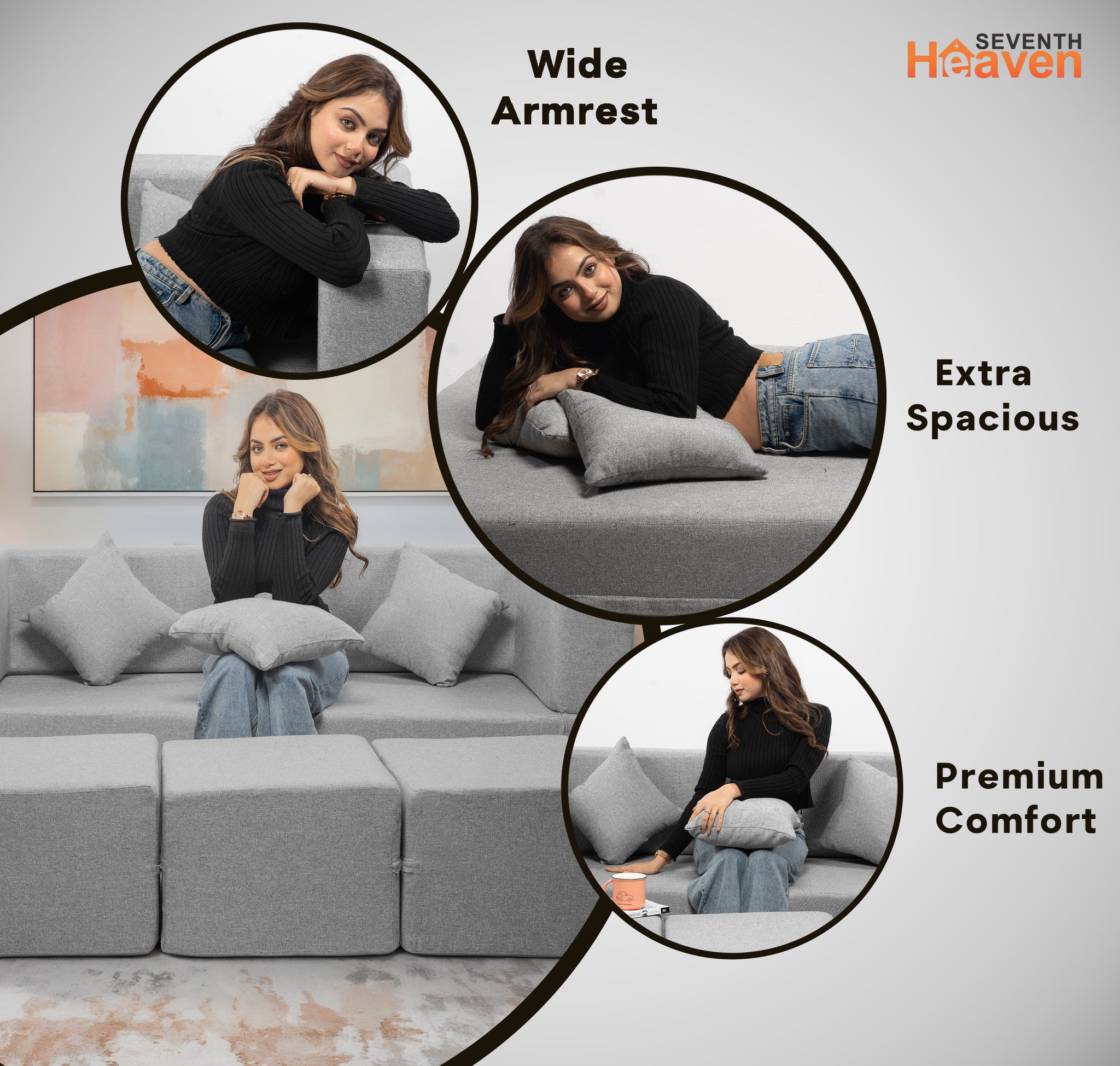 Flipper X Sofa Cum Bed - 3 Seater With 3 Ottoman - Plain Cushion (Jute Fabric, Light Grey )