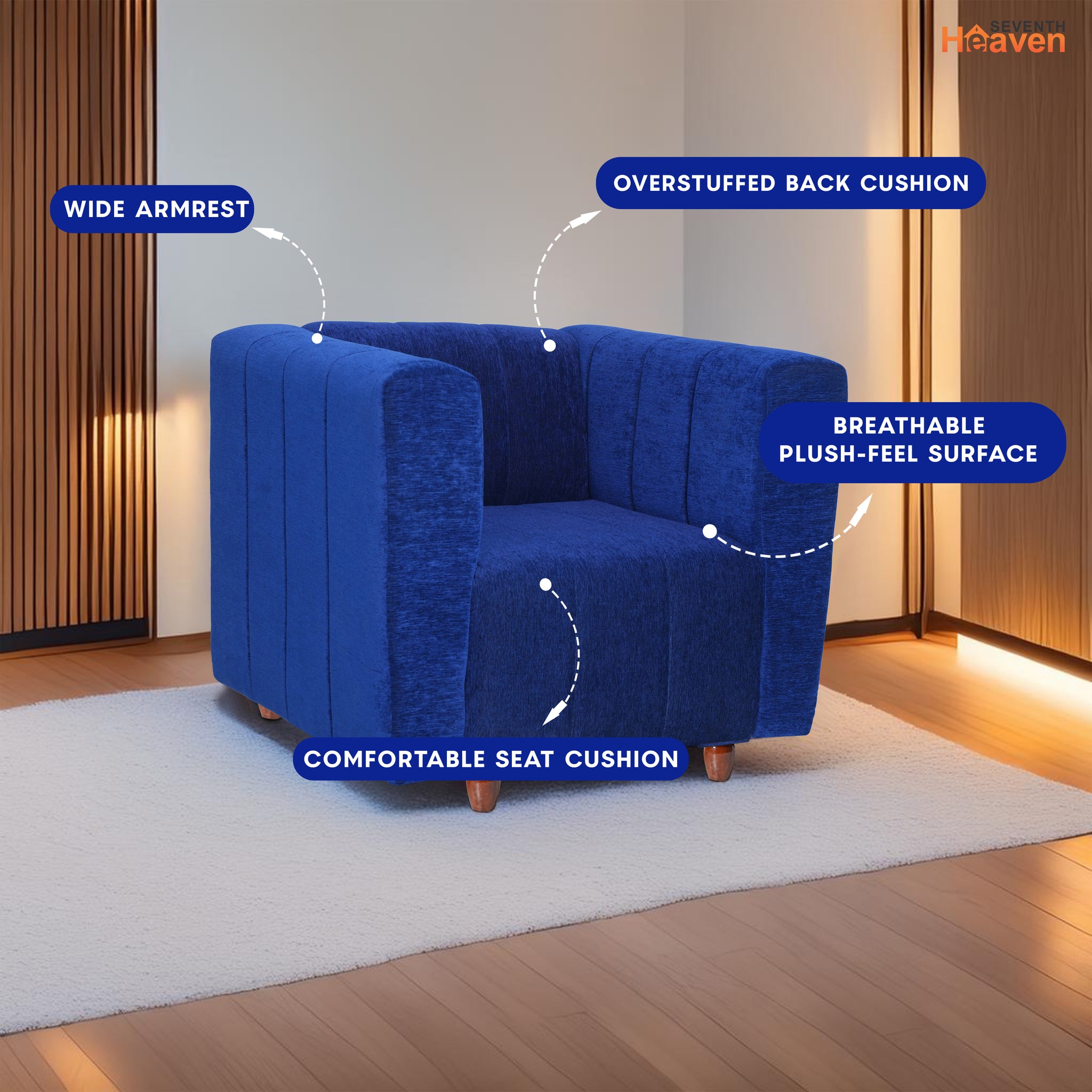 Seventh Heaven Tokyo 1 Seater Sofa, Extra Spacious, Chenille Molfino Fabric: 2 Year Warranty Fabric 1 Seater Sofa  Blue(Finish Color - Blue, DIY(Do-It-Yourself)