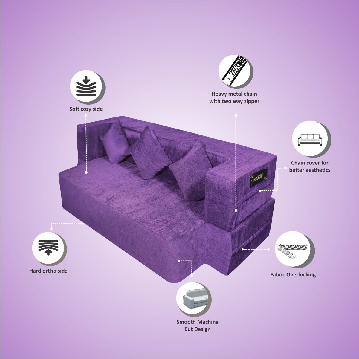 Flipper X Sofa Cum Bed - 3  Seater, Plain Cushion ( Premium Molfino Fabric, Purple)