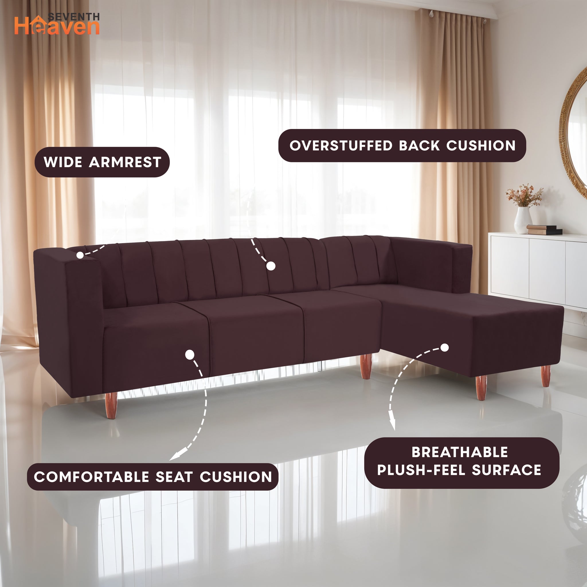 Sydney 6 Seater Sofa Right Corner- ( Polyster Holland Fabric- Brown )