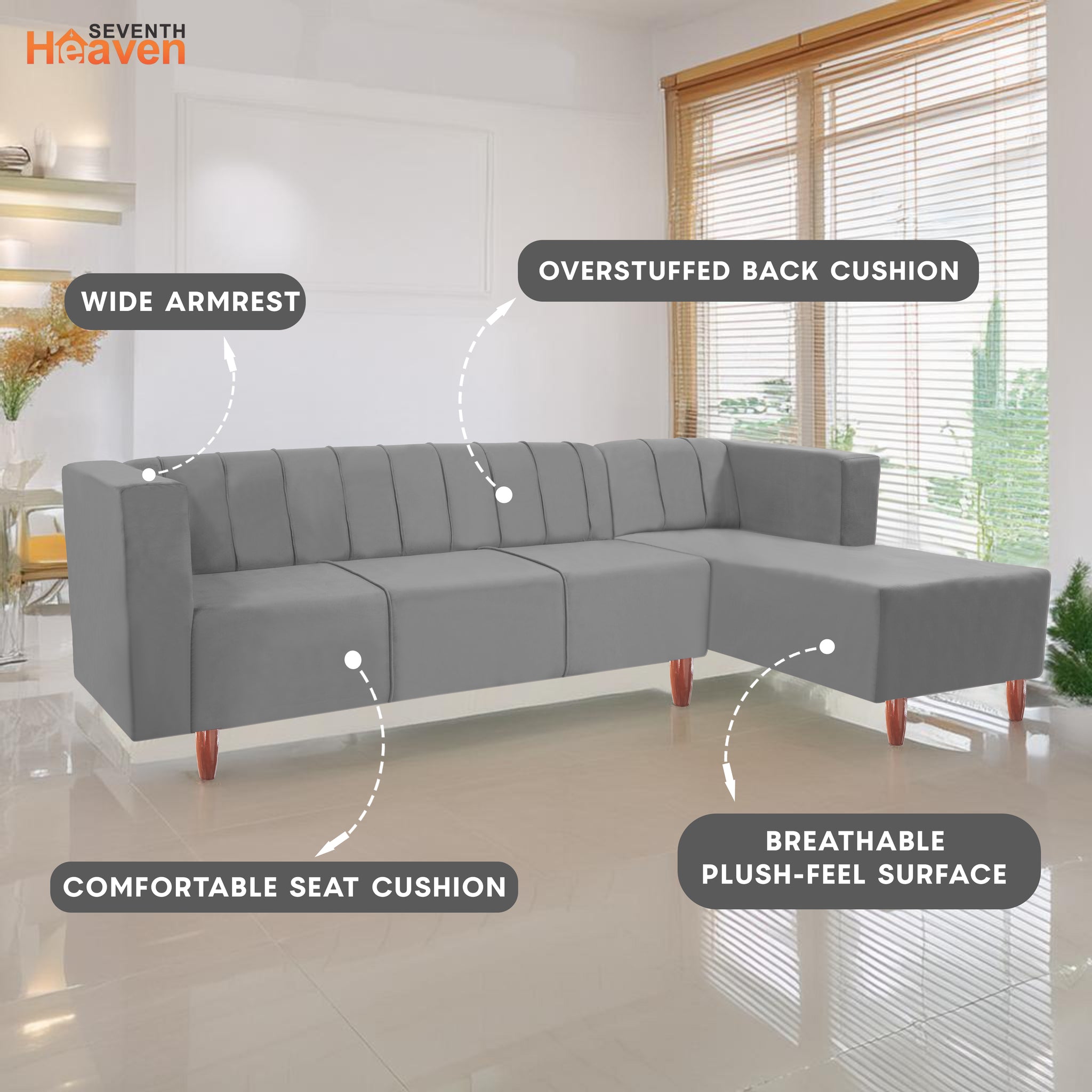 Sydney 6 Seater sofa right corner- ( Premium Holland Fabric- Grey )