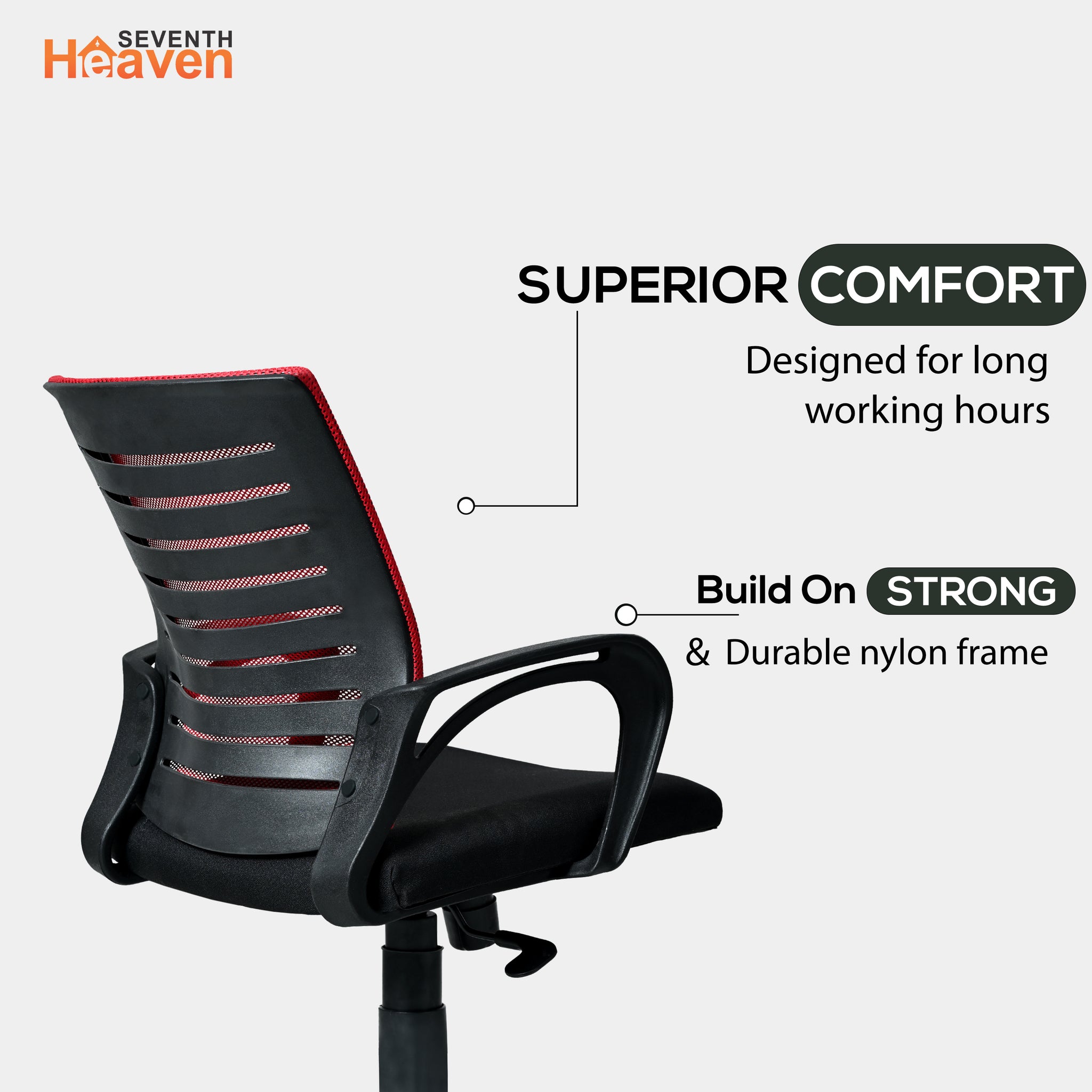 Seventh Heaven Blaze Mid Back Office Chair for Work from Home | Study Chair | Revolving Chair | Computer Chair : 3 years warranty ( Heavy Duty Powder Metal Base, Red Mesh )