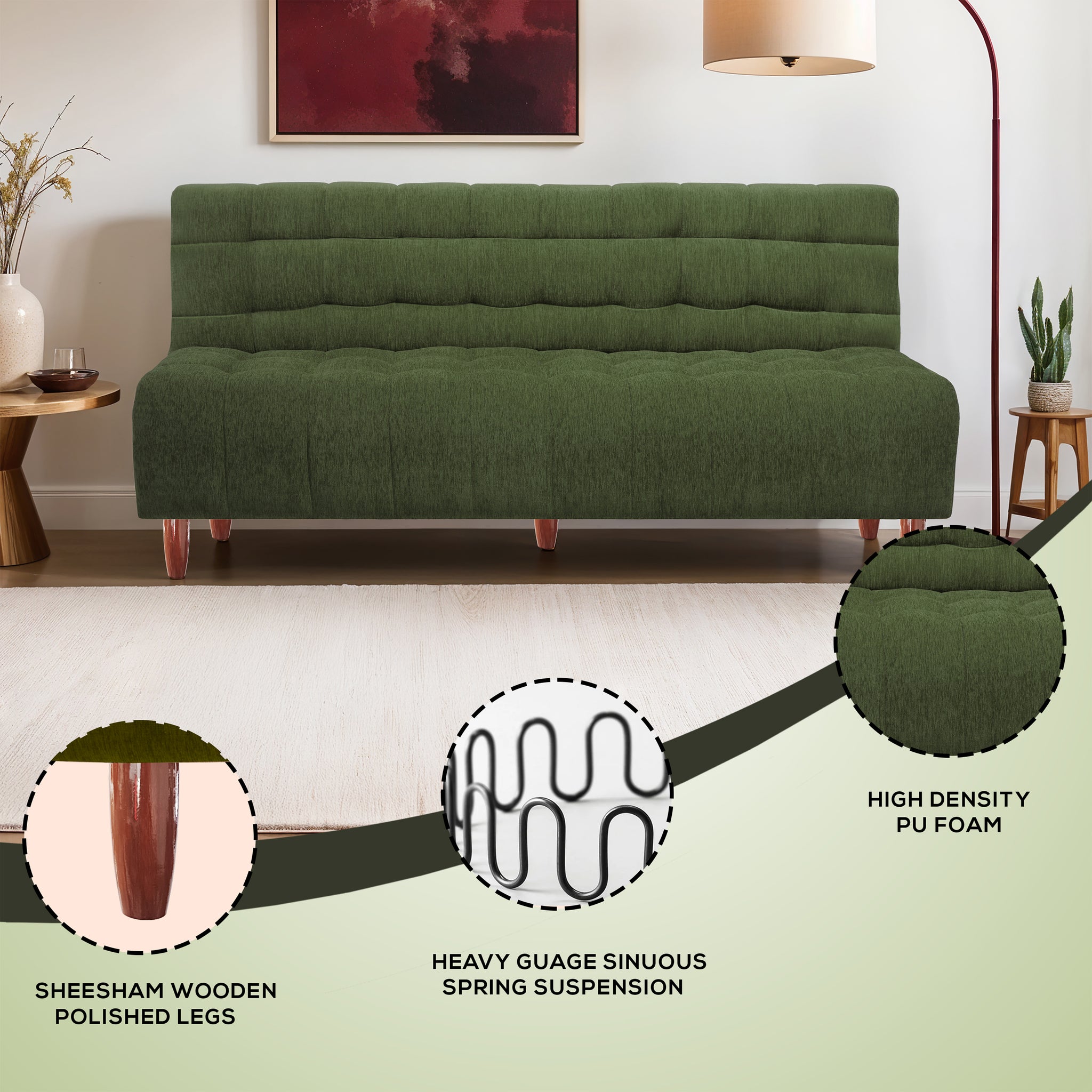 Florida Neo 3 Seater Wooden Sofa Cum Bed - ( Premium Molfino Fabric- Green )