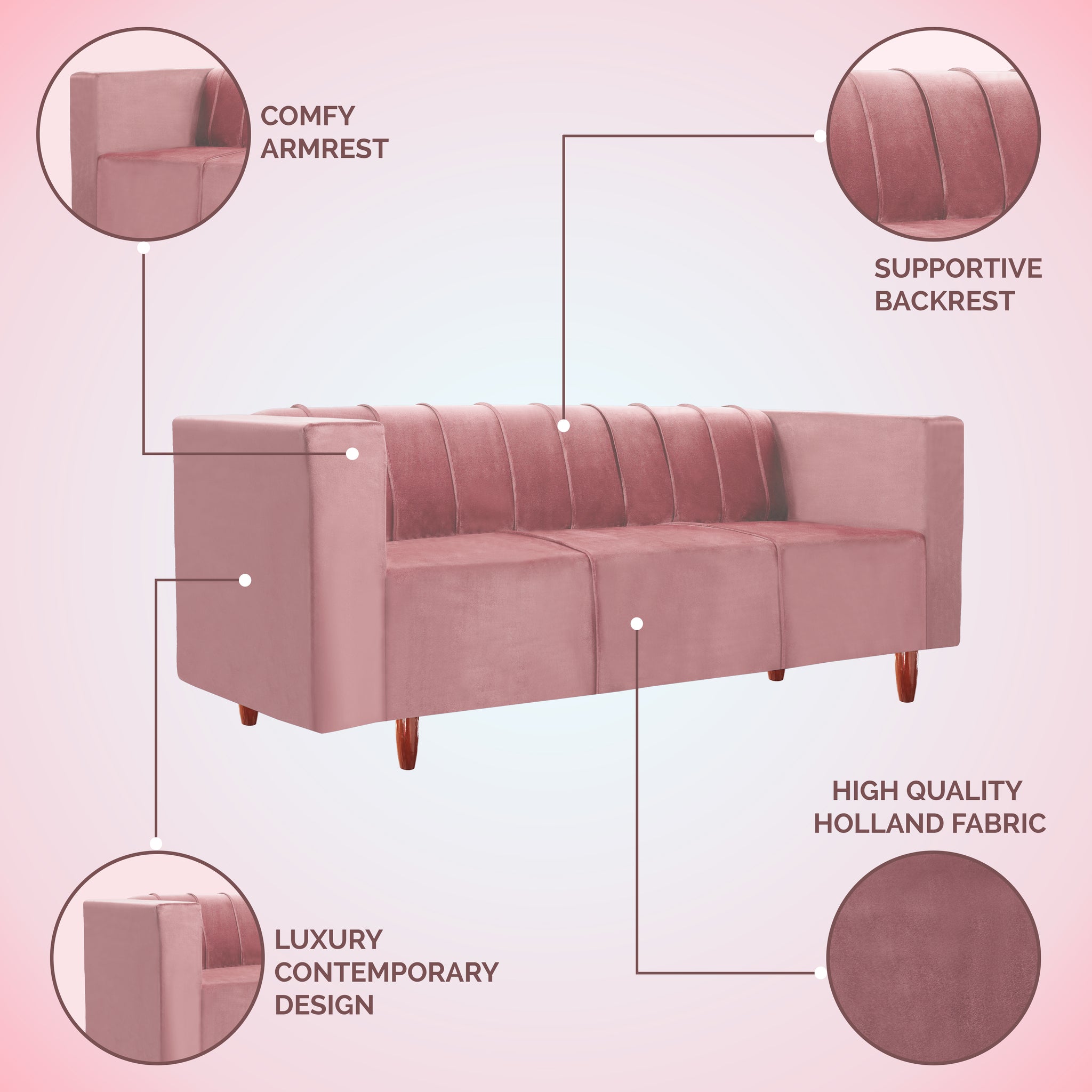 Sydney 3 Seater Sofa- ( Polyster Holland Fabric- Peach )