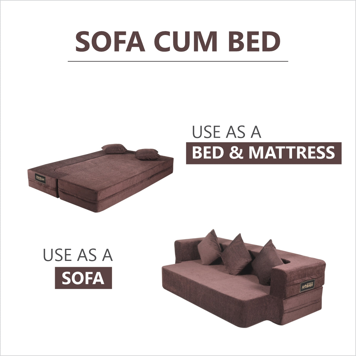 Flipper X Sofa Cum Bed (Memory Foam)- 3 Seater, Plain Cushions (Premium Molfino Fabric- Brown )